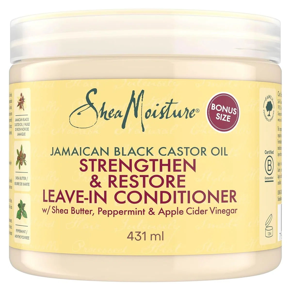 SheaMoisture Acondicionador Leave In Strengthen & Restore, Cabello Tratado y Dañado, Fortalece e Hidrata, Acción Anti Rotura, Aceite de Ricino Negro Jamaicano y Manteca de Karité, 431 ml