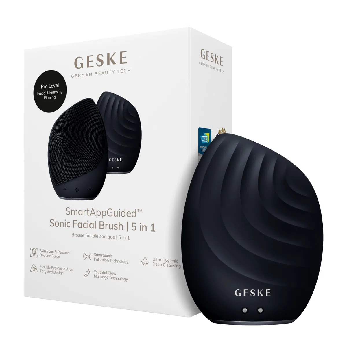 GESKE | Cepillo facial SmartAppGuided™ 5 en 1 | Cepillo de limpieza facial eléctrico | Cepillo de silicona suave | Limpieza facial profesional | Dispositivo de limpieza facial | masajeador facial