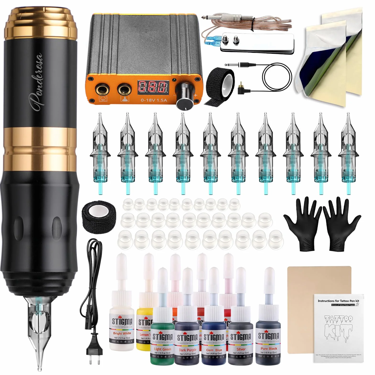 STIGMA Kit de Tatuaje Completo Rotativa Pluma Maquina para Tatuar 10 Colores Tintas, Fuente de Alimentacion Digital 10pcs Cartuchos de Tatuaje y Instruccion STP35KITP192-9