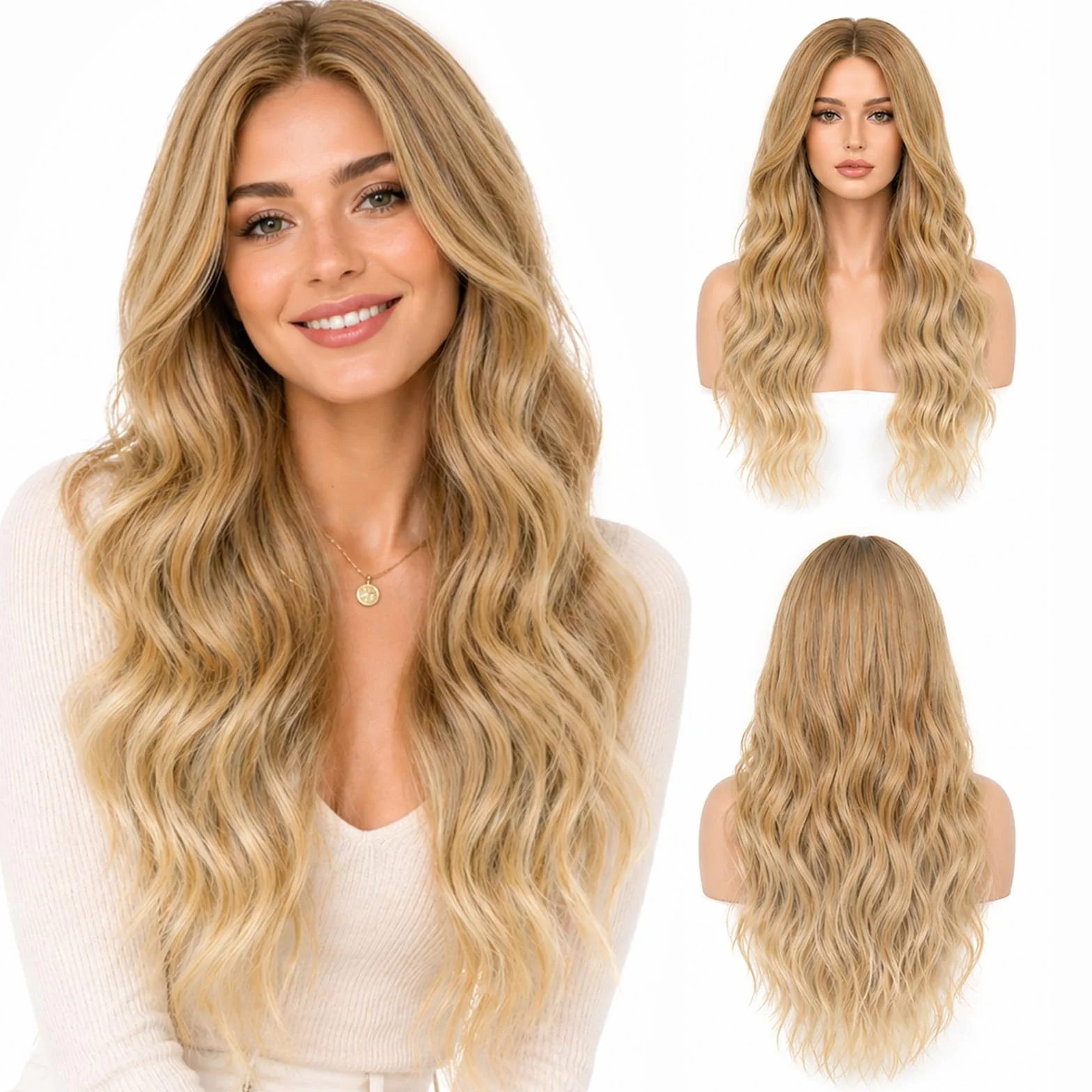 Peluca Rubia Larga Ondulada Ombre de Pelo Sintético Natural Resistente al Calor 68cm para Mujeres, Uso Diario, Fiestas y Cosplay