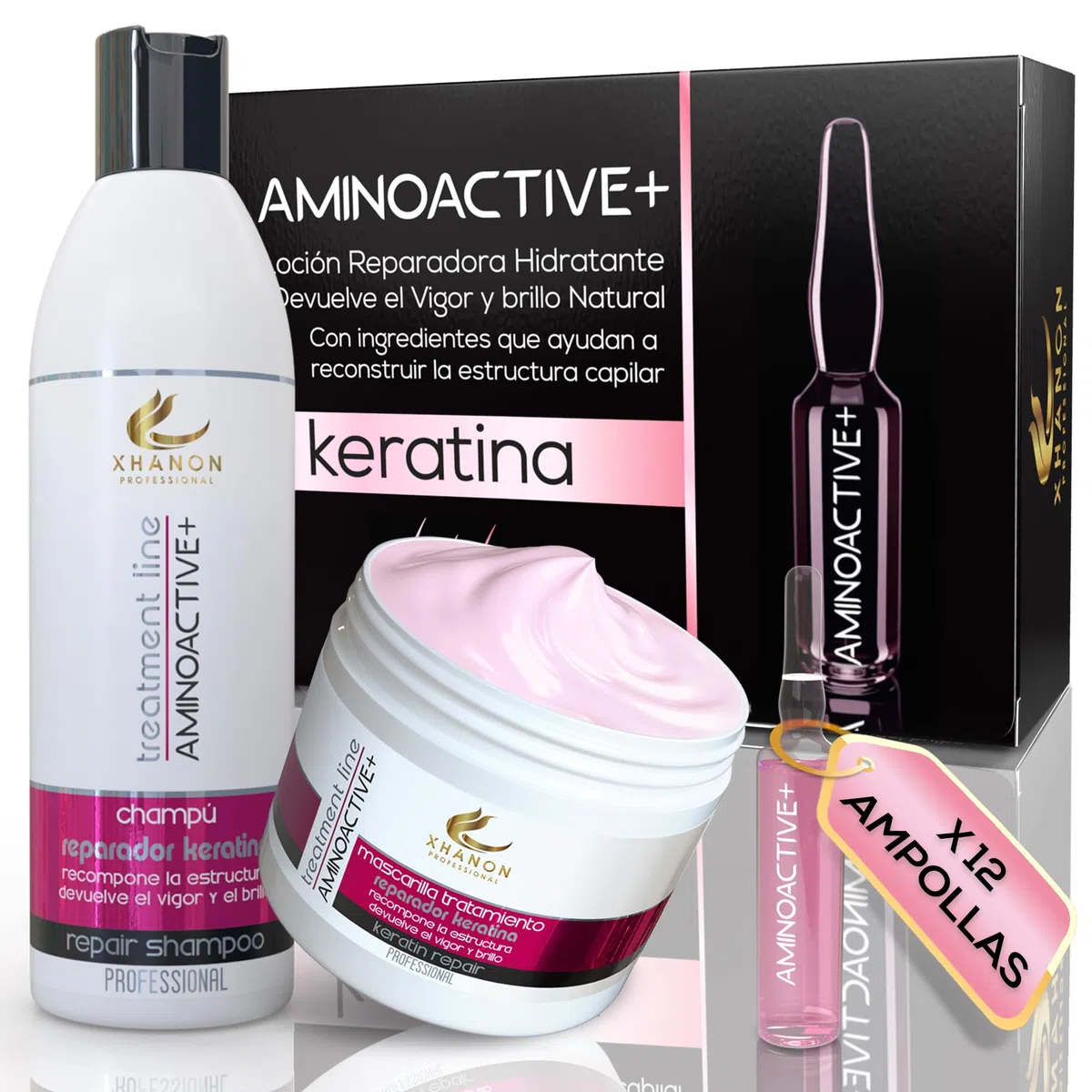 Pack Reparador - Champu Sin Sulfatos ni Parabenos - Aloe vera y Keratina - Mascarilla + Champú + Ampollas - Reconstrucción - Suavidad - Brillo Natural - Xhanon Professional