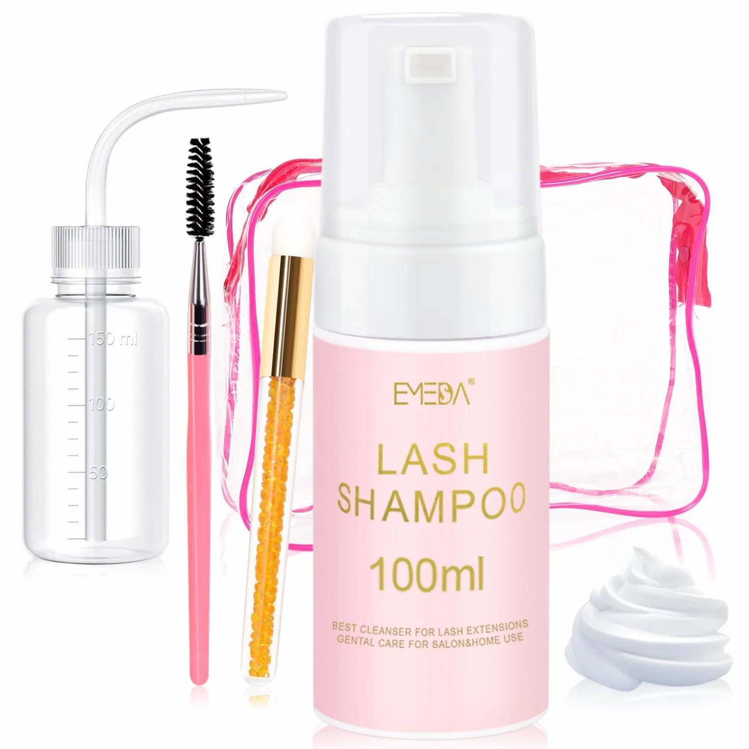EMEDA 100ML Champú para pestañas con cepillo y botella de aclarado Kit champú espumante para pestañas extensiones Limpiador de Espuma de pestañas para uso en salón y en casa sin aceite
