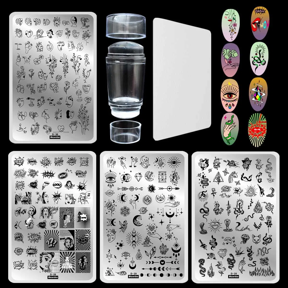 Kit de estampado de uñas, 4 placas de sellos grandes para uñas, 1 pieza, de doble cara, transparente, de gelatina, para decoración de uñas, con Scaper, sellos abstractos para decoración de uñas
