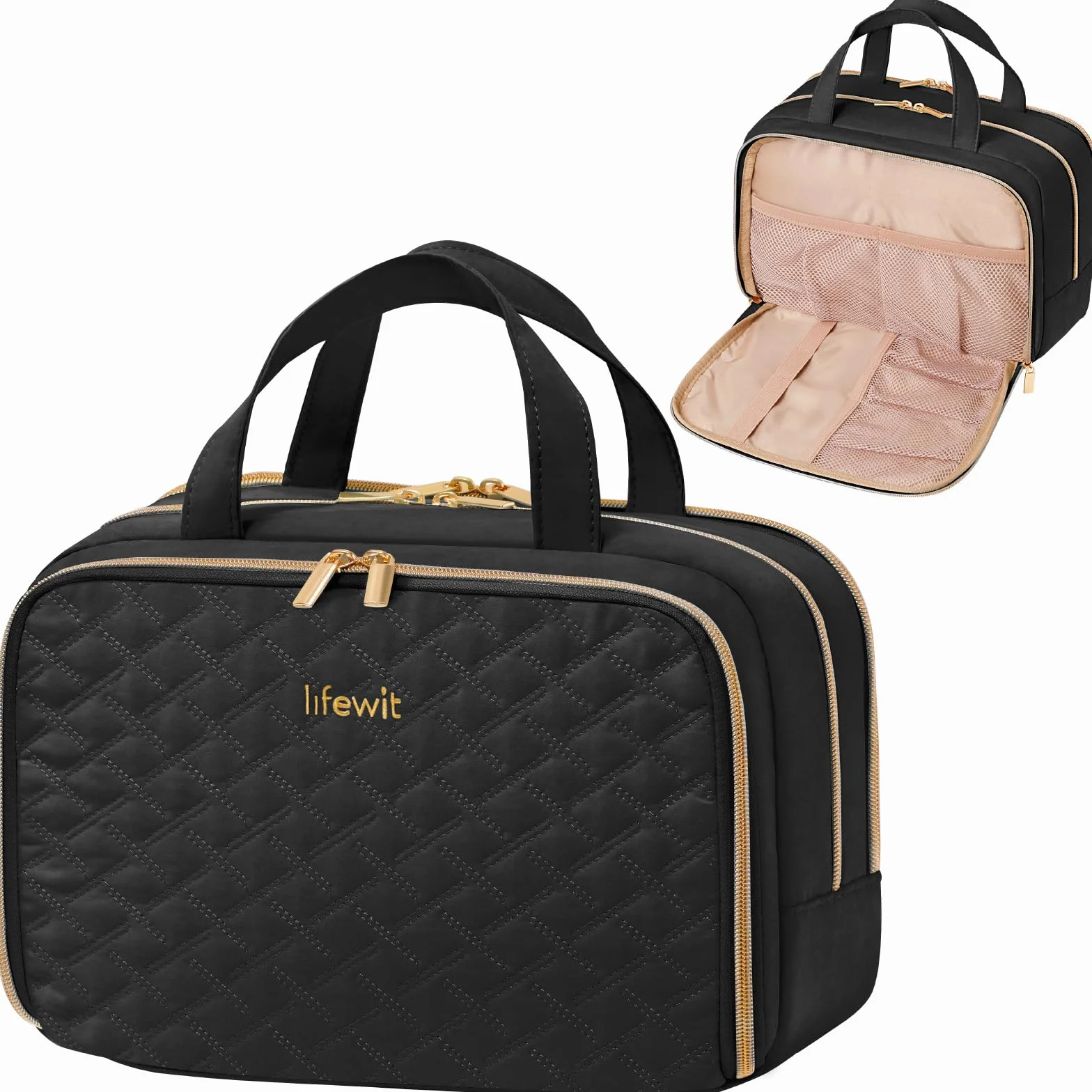 Lifewit Neceser Viaje Portátiles para Mujer, Maquillaje Organizador para Artículos Aseo de Tamaño Completo, Bolsas Almacenamiento Multifuncional, Bolsa Cosméticos de Esenciales Viajar, L, Negro