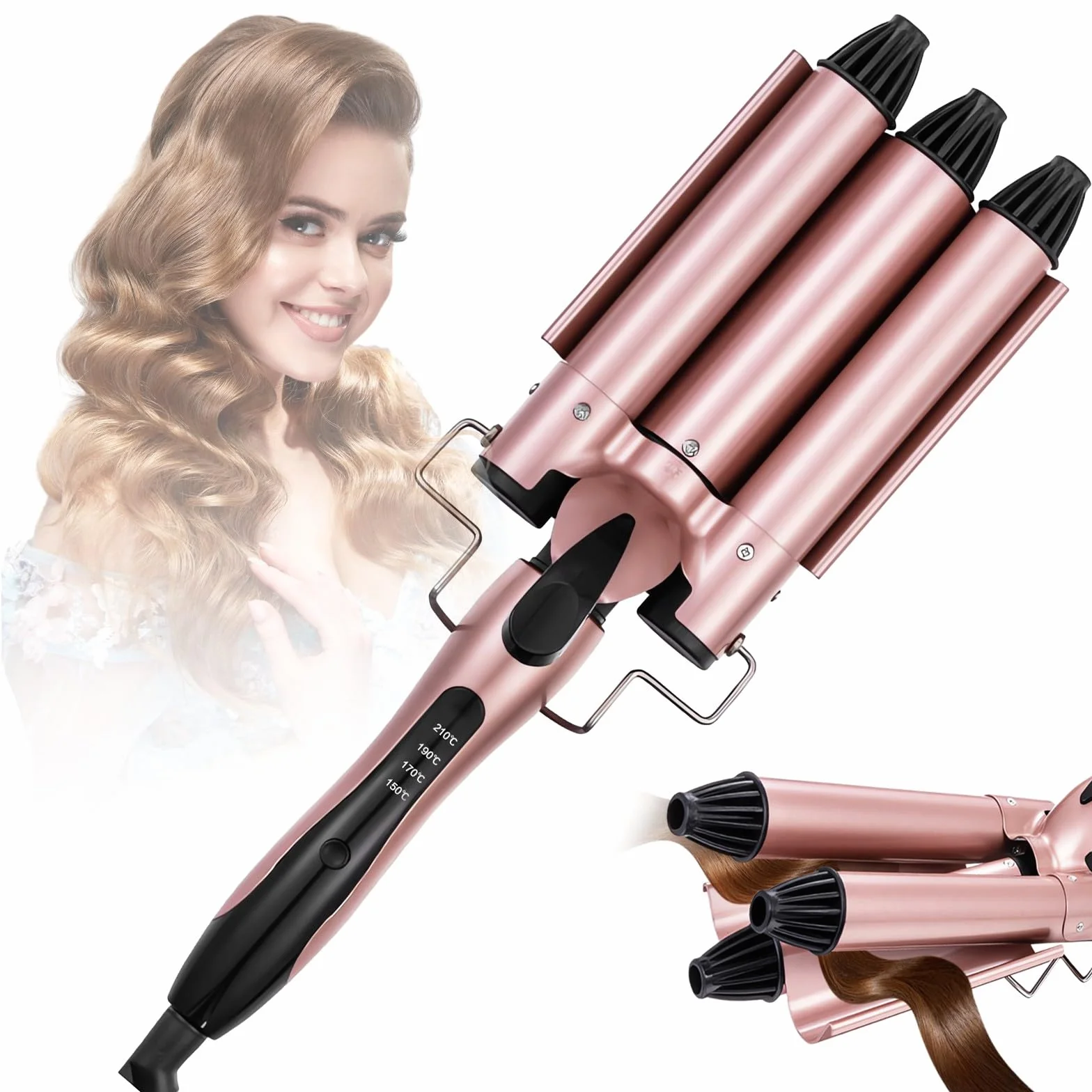 Rizador de pelo, Pinzas Rizadoras 3 Barriles, Rizador Pelo Profesional con 150℃-210℃ temperatura ajustable, Calentamiento Rápidopara Rizar y Ondas un Efecto Ondulado, 25mm