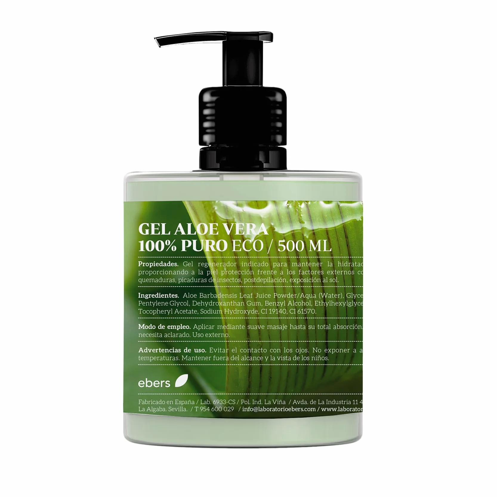 Ebers Aloe Vera Gel 100% Puro 500 Ml con dosificador - Excelente hidratante Rostro y Cuerpo, Aftersun, Depilación y Quemaduras.