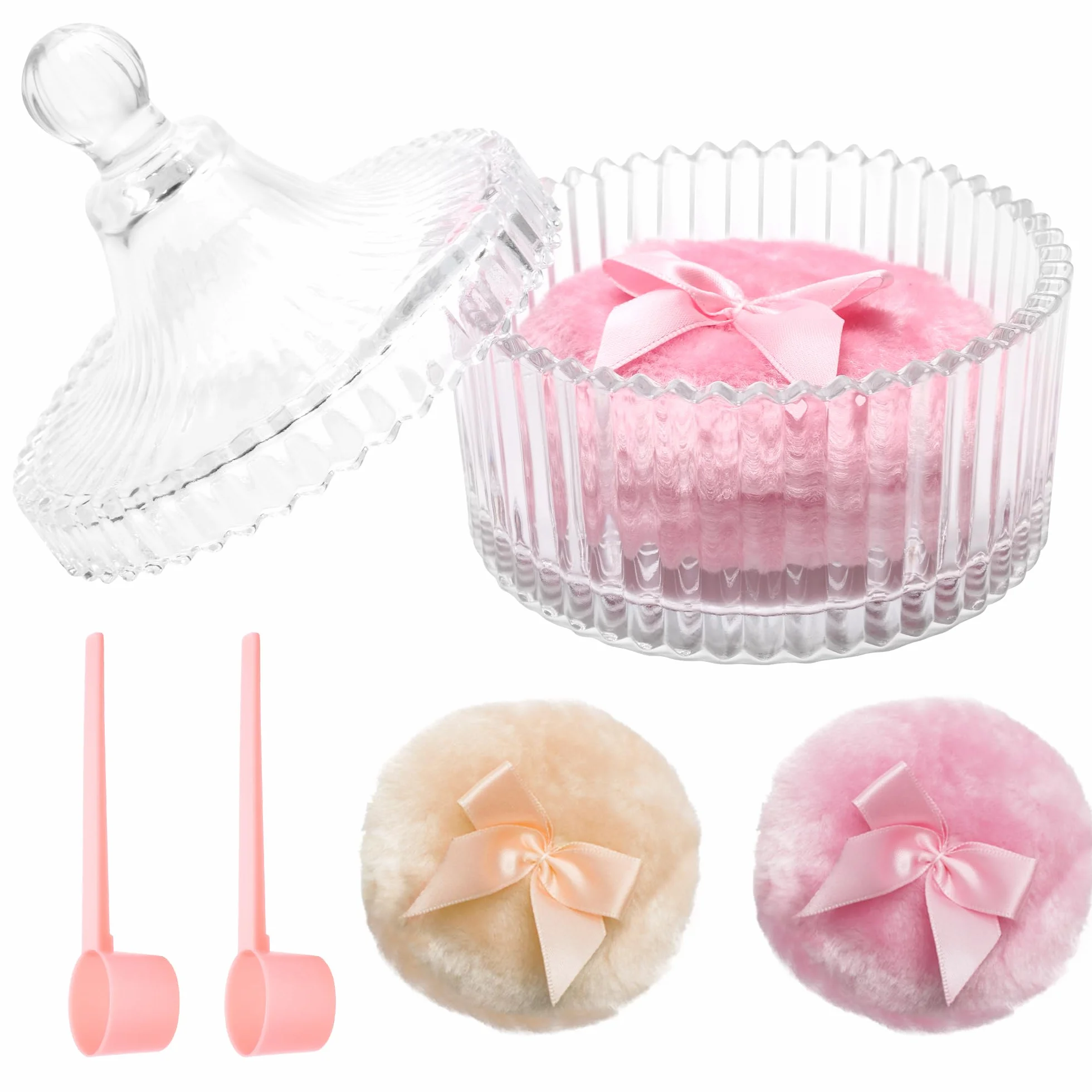 Juego de Polvera de Vidrio con Borla de Polvo para Cuerpo Grande, Borla con 2 Borlas y Cuchara, Suave y Esponjosa para Mujeres Rosa Beige