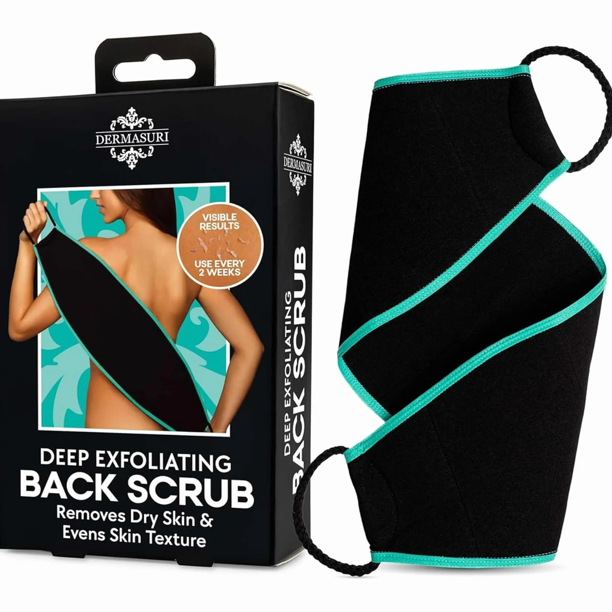 Dermasuri Guante Exfoliante Espalda - Toalla Exfoliante Cuerpo de Doble Textura - Exfoliante Ducha Natural - Accesorio de Baño Reutilizable - Regalo Bienestar Mujeres y Hombres - 68 cm x 20 cm