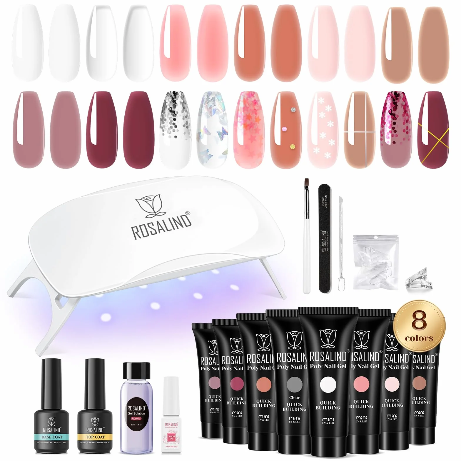 ROSALIND Gel Extensión de Uñas Kit Completo, 8 Colors Mini Uñas de Gel Set con Mini UV Lámpara, Base Top Coat y Herramientas Manicura, Poligel Kit Completo para Profesionales y Salón, Nail Art Set