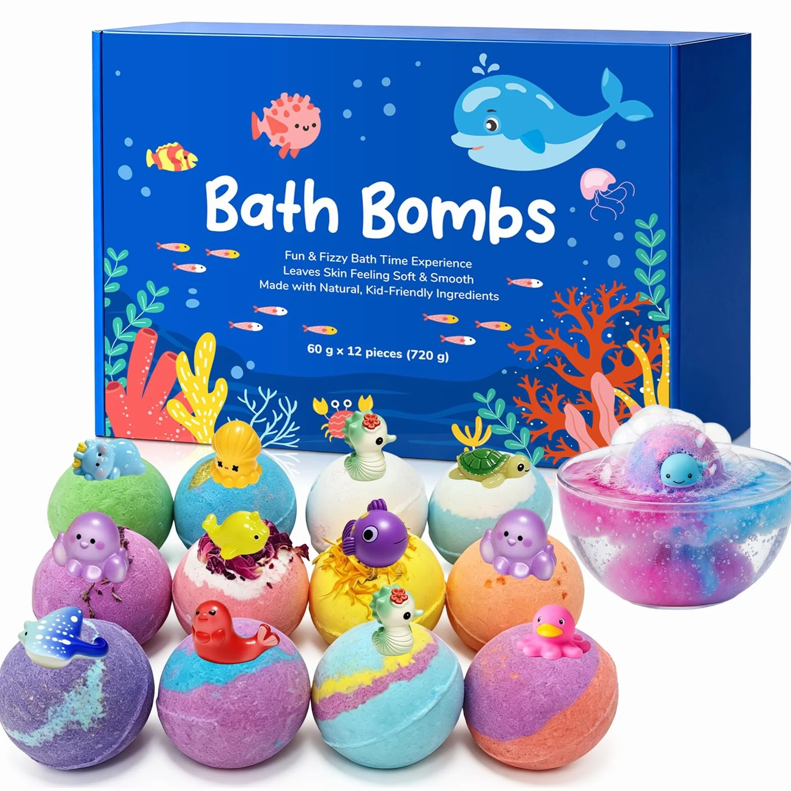 Paquete de 12 bombas de baño para niños con sorpresa – Bombas de baño naturales para niños con juguetes en el interior, set de regalo para cumpleaños y Navidad