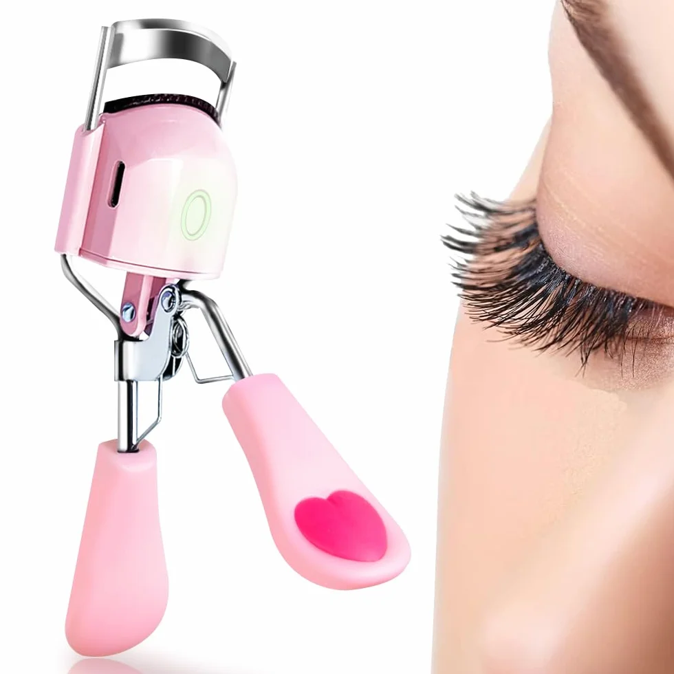 Pinkiou Rizador de pestañas con calefacción para mujer, rizador de pestañas eléctrico con temperatura de carga USB, almohadilla de silicona ajustable para calentamiento rápido para pestañas