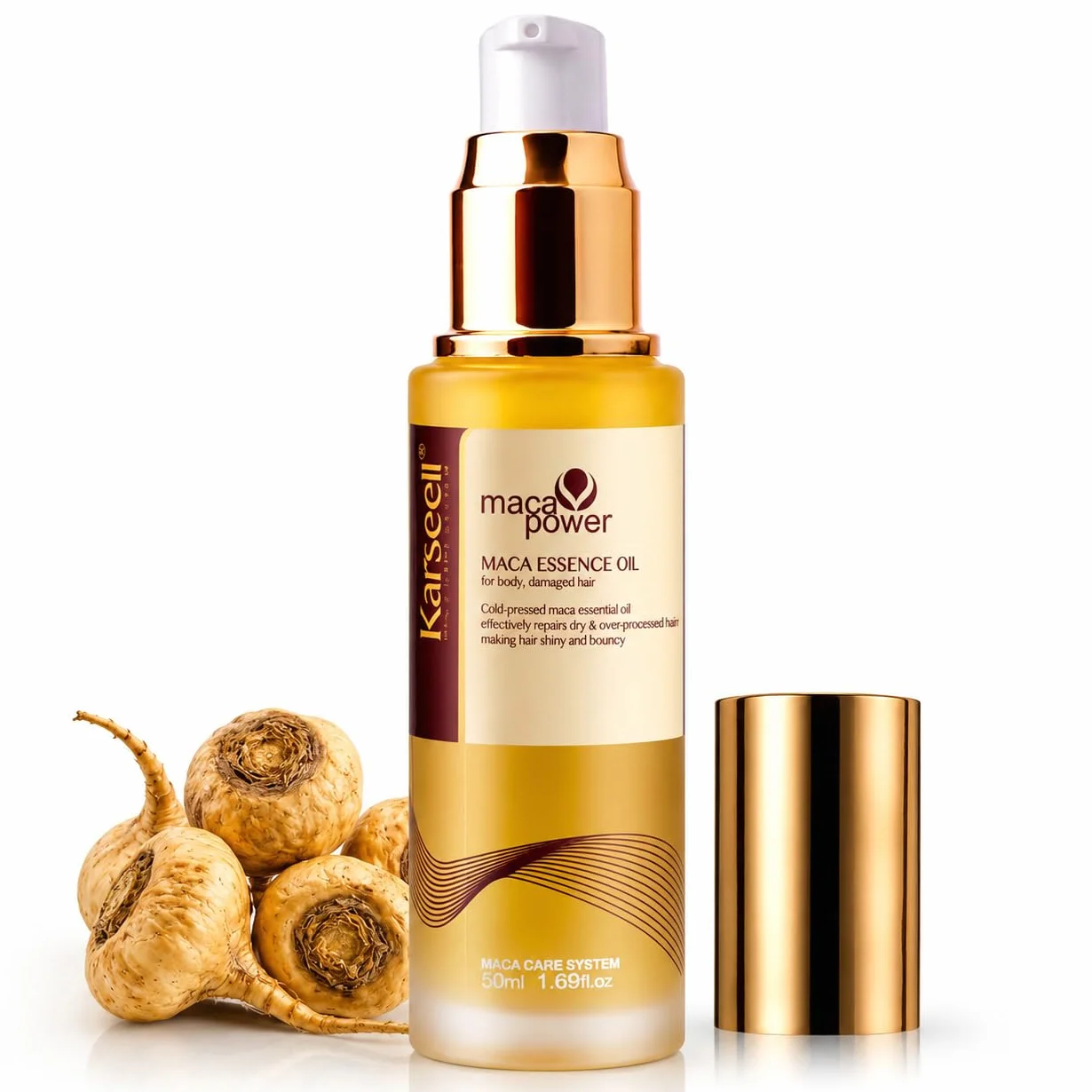 Karseell MACA CARE SYSTEM Sérum Capilar Profesional Aceite de Argán Karité Hidratación Reparación Brillo Antifrizz Alisado Nutritivo Puntas Abiertas Cabello Seco Dañado Teñido Rizado Sin Sulfatos 50ml