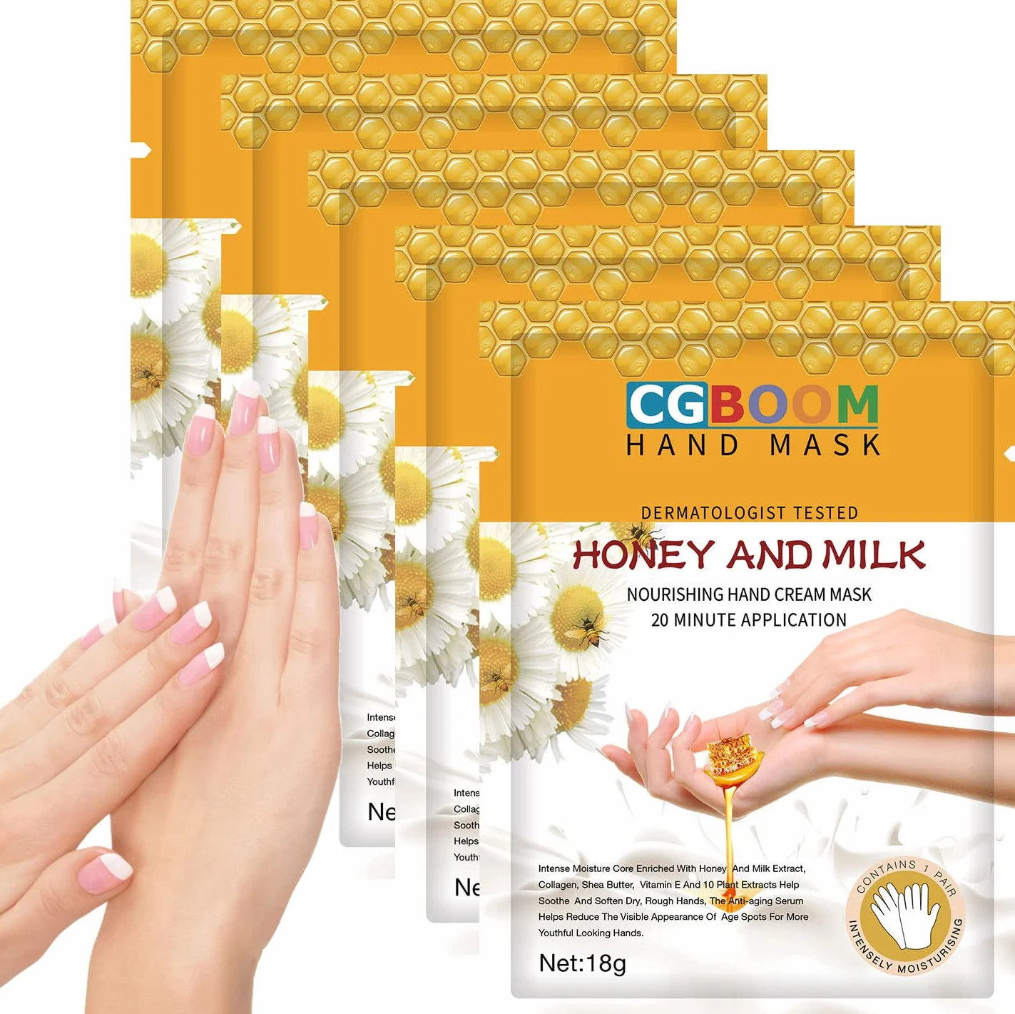 5 pares de guantes hidratantes, mascarillas exfoliantes para manos, cuidado suave para manos secas y agrietadas (leche de miel)