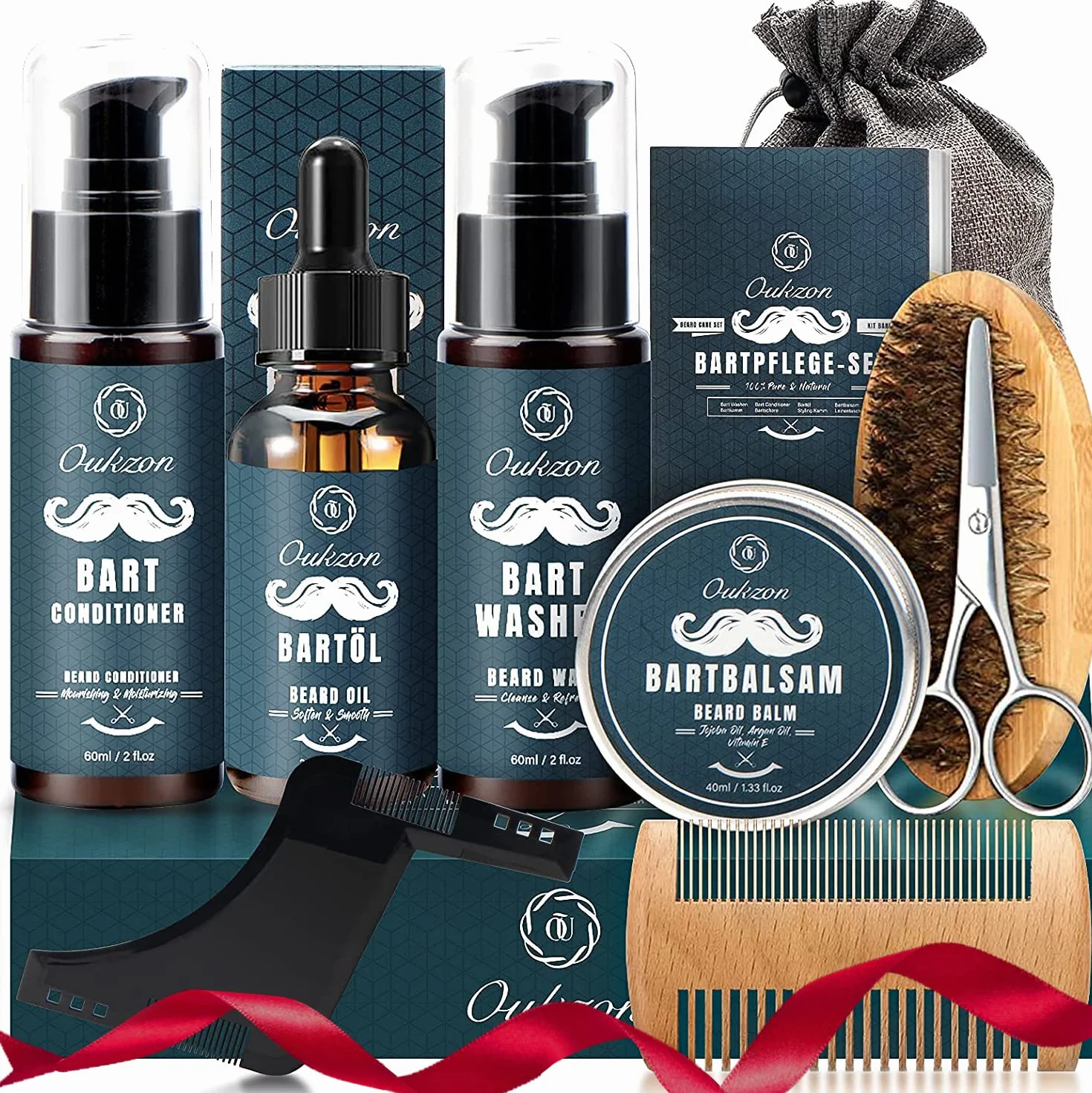 Oukzon Kit Barba para Hombre, Kit Cuidado Barba Hombre Completo con Champú Barba, Acondicionador, Aceite Barba, Bálsamo, Peine, Cepillo, Tijera de Barba, Regalo Hombre para Papa, Novio, Caballero