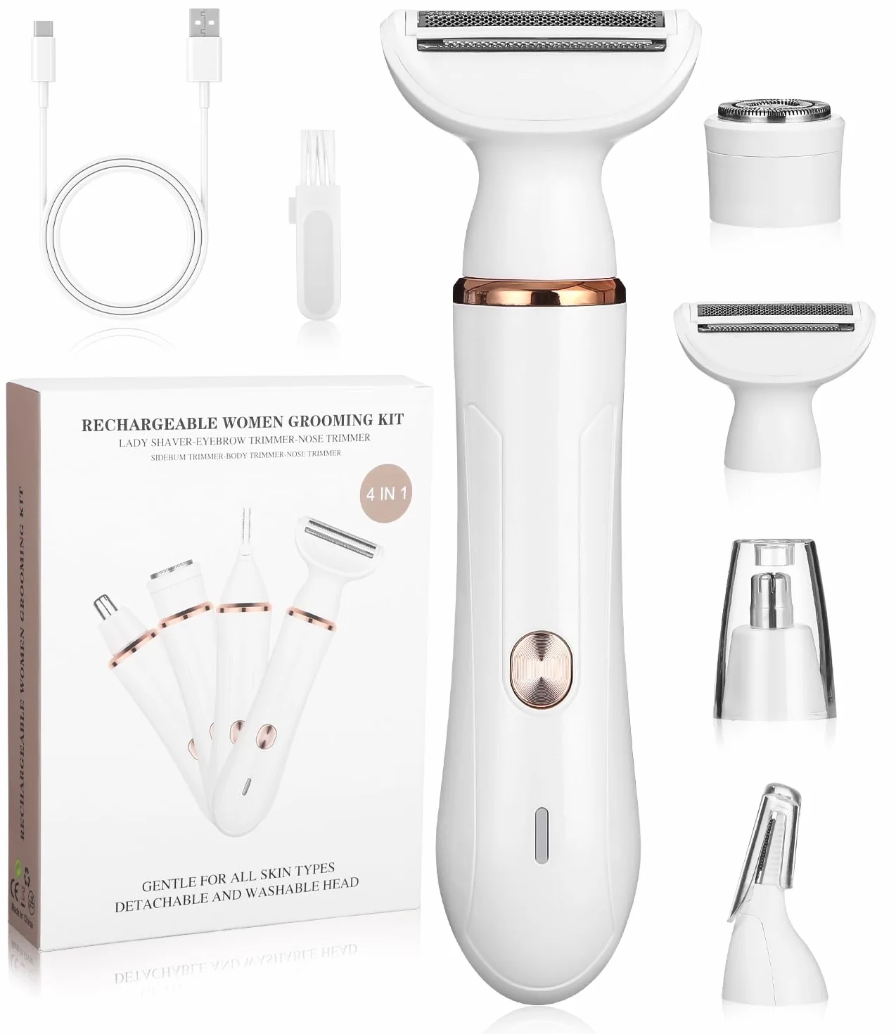 Bixury Afeitadora Eléctrica Profesional 4 en 1 para Mujer - Recargable, Depiladora de Cejas, Rasuradora para Bikini, Axilas, Brazos, Cara, Nariz - Recortadora para Zona Íntima