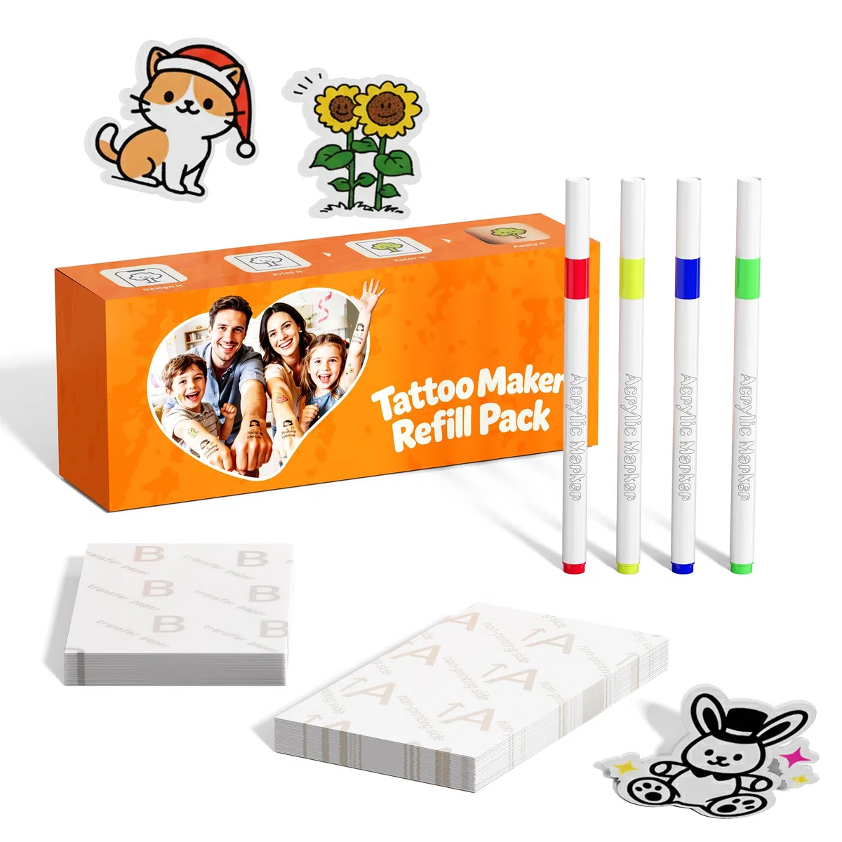 Pack de Papel para Tattoo Maker – 40 Hojas de Papel Térmico & 40 Transferencia con 4 Marcadores, Compatible con Impresoras TK20 y TK32, Kit de Dibujo para Niños