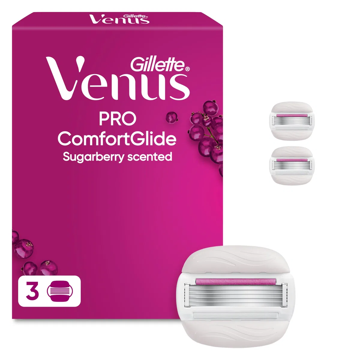 Gillette Venus Pro Comfortglide Cuchillas de Afeitar con Aroma Sugarberry con Crema Hidratante Olay, Pack de 3 Recambios
