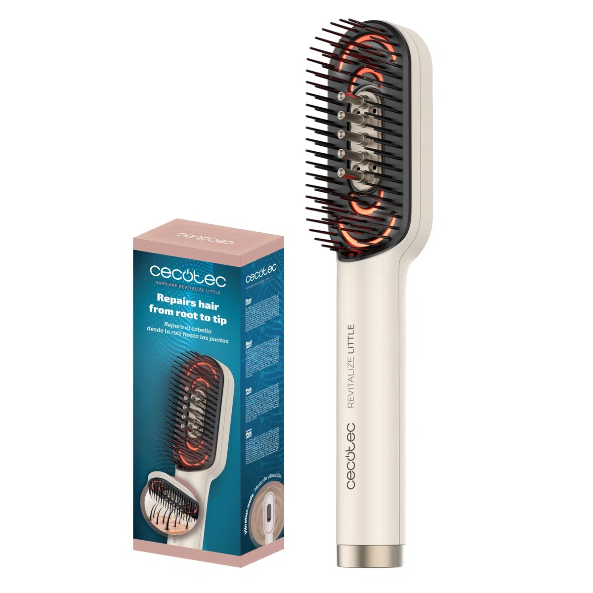 Cecotec Cepillo Reparador con Luz LED HairCare Revitalize Little. Aplicador de Serum y Masaje Vibratorio, Cuida, Repara y Estimula el Crecimiento del Cabello, 4 Luces LED, Tratamiento Capilar en Casa