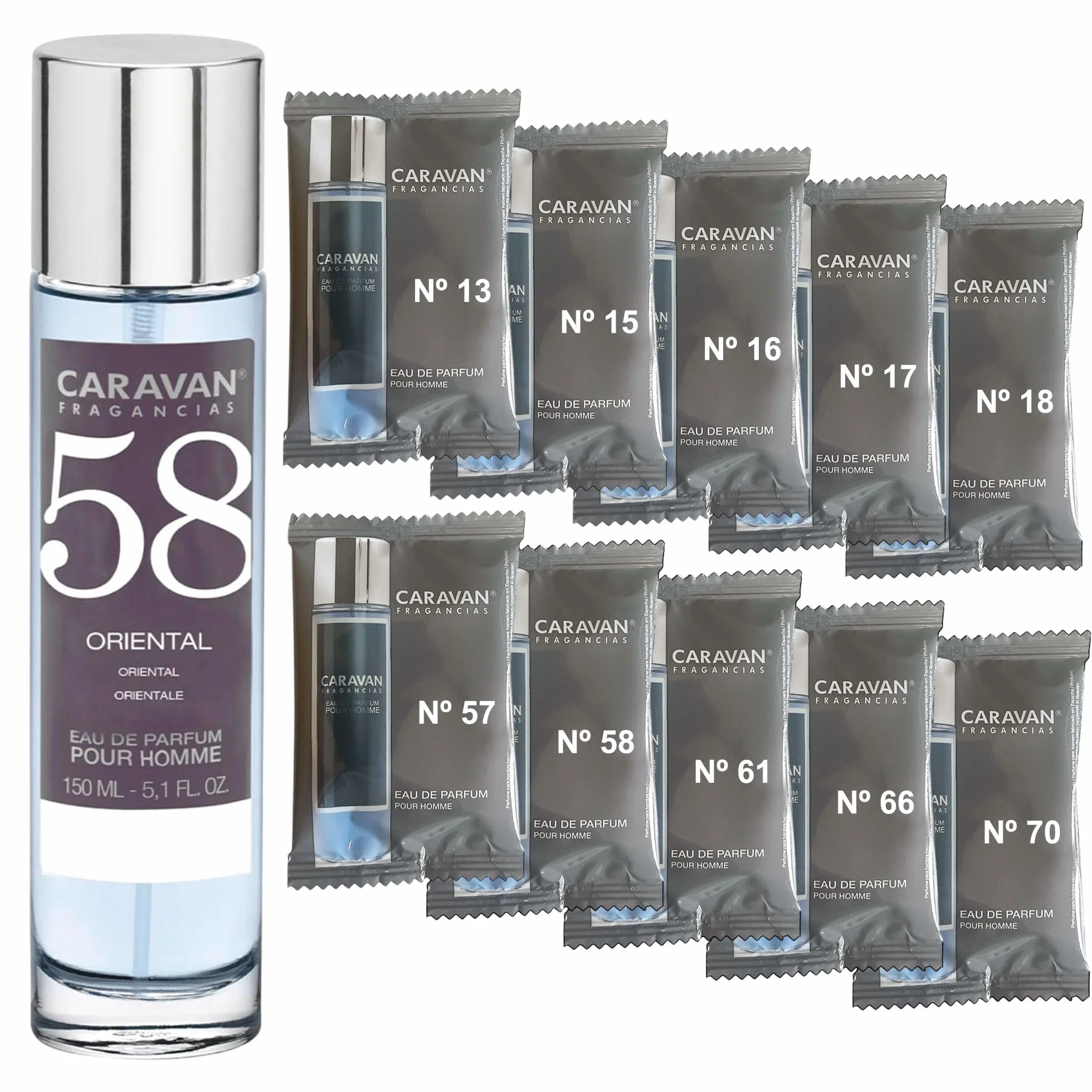 CARAVAN FRAGANCIAS Perfume de Hombre Nº58 de 150 ml + Set de 10 Viales de Fragancias Masculinas distintas de Caravan para descrubir nuevos aromas