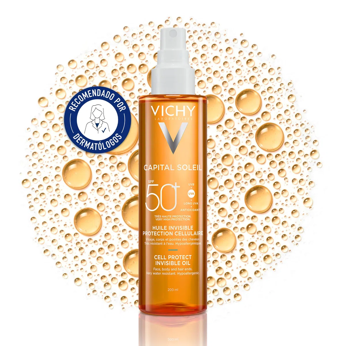 Vichy Aceite invisible Cell Protect, SPF 50+ Fotoprotector, Protege la piel del daño solar, Mejora la calidad visible de la piel, Sensación toque seco, Capital Soleil, 200ml