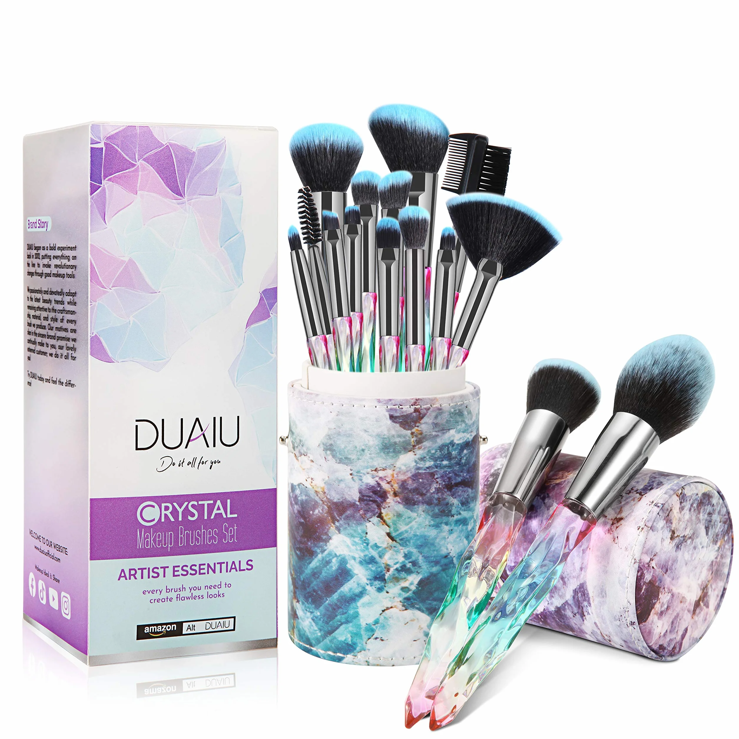 Brochas de Maquillaje Profesionales FILY DUAIU Brochas Maquillaje 15 piezas Premium Cerdas sintéticas Juego de mangos de cristal brochas maquillaje con caja de regalo