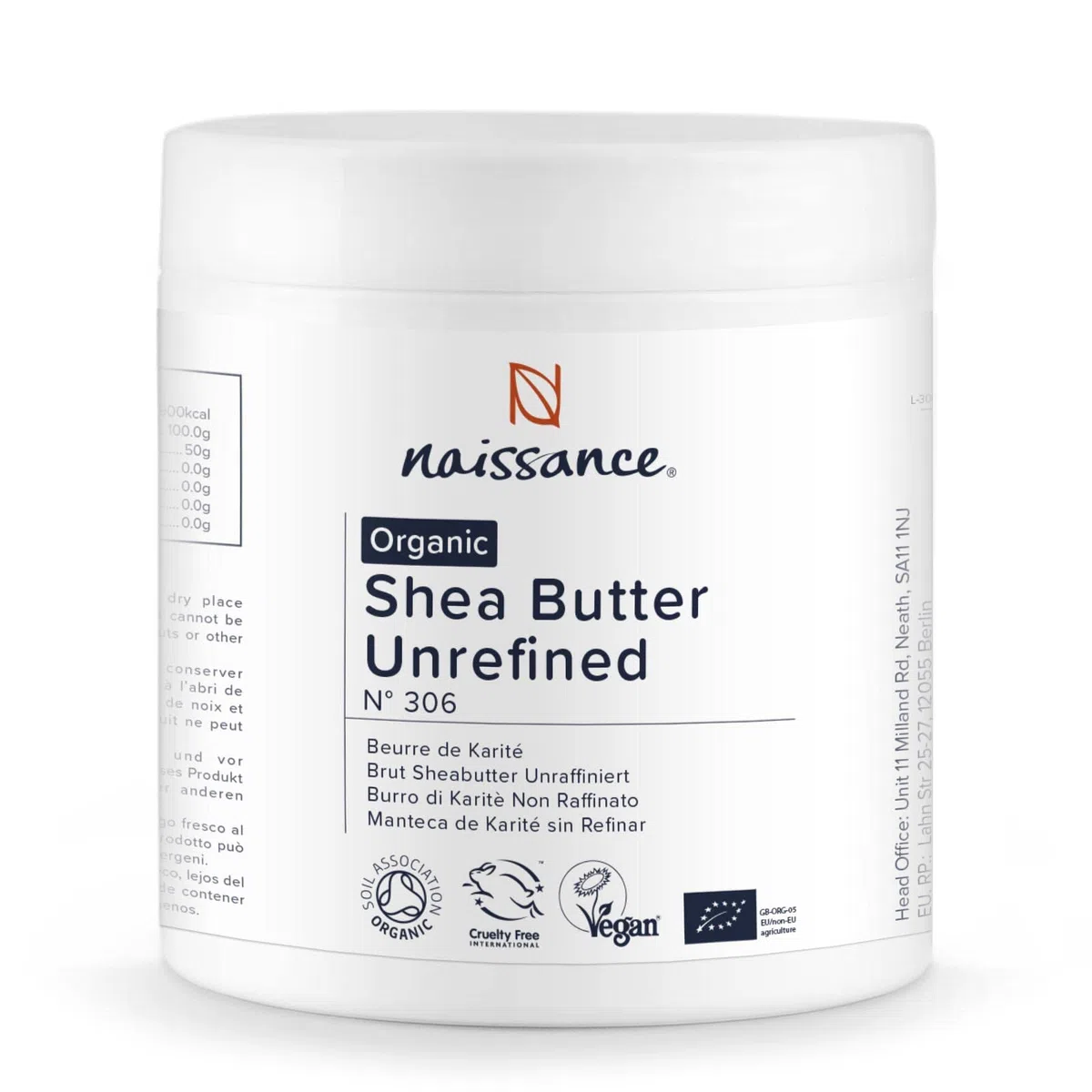Naissance Manteca de Karité Sin Refinar BIO (No. 306) - 500g - Certificado Ecológico, Natural, Puro - para Cuerpo, Cara, Piel, Pelo, Uñas, Cabello