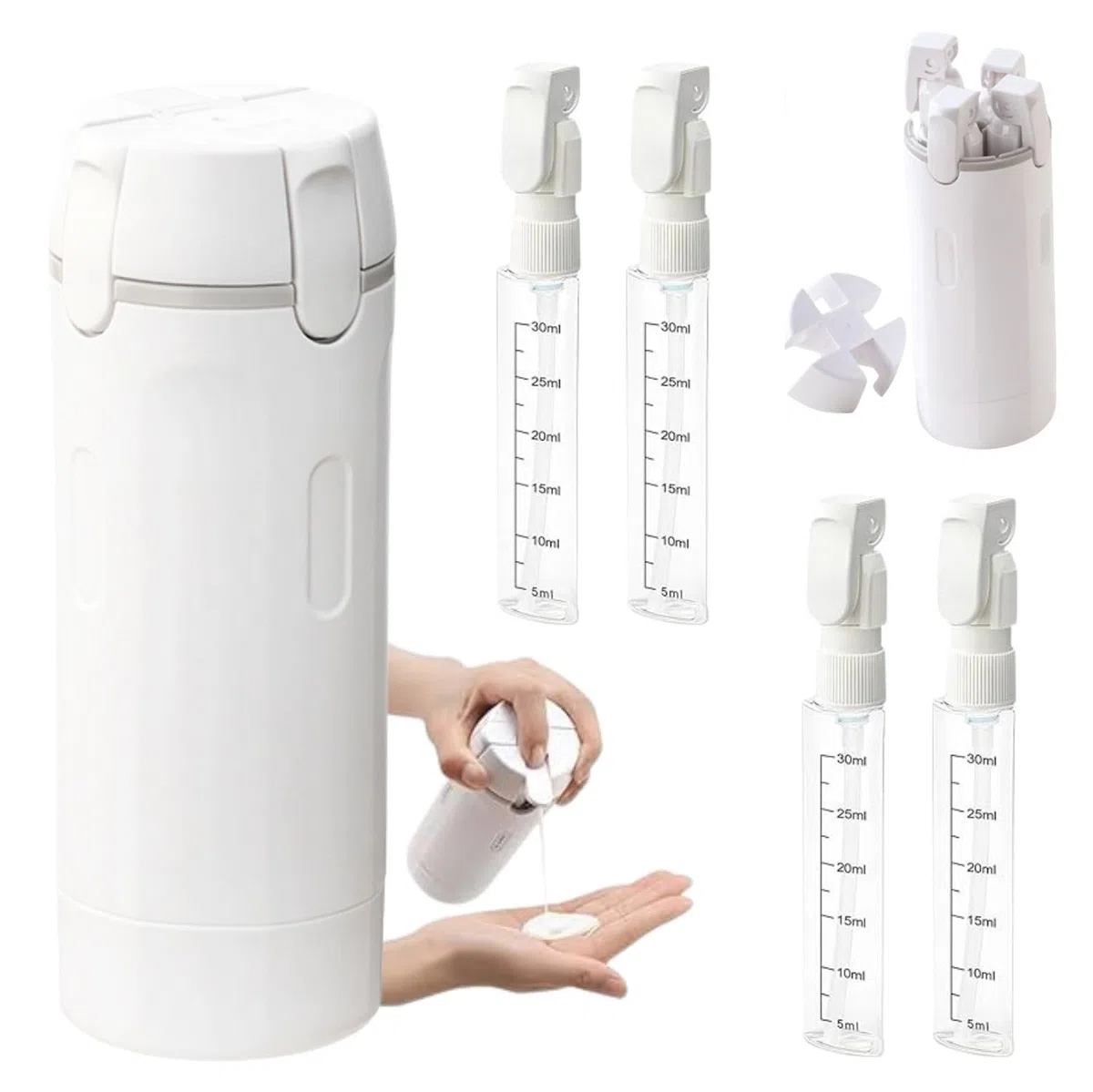 Botellas dispensadoras de viaje rellenables 4 en 1 para champú, crema y cuidado corporal