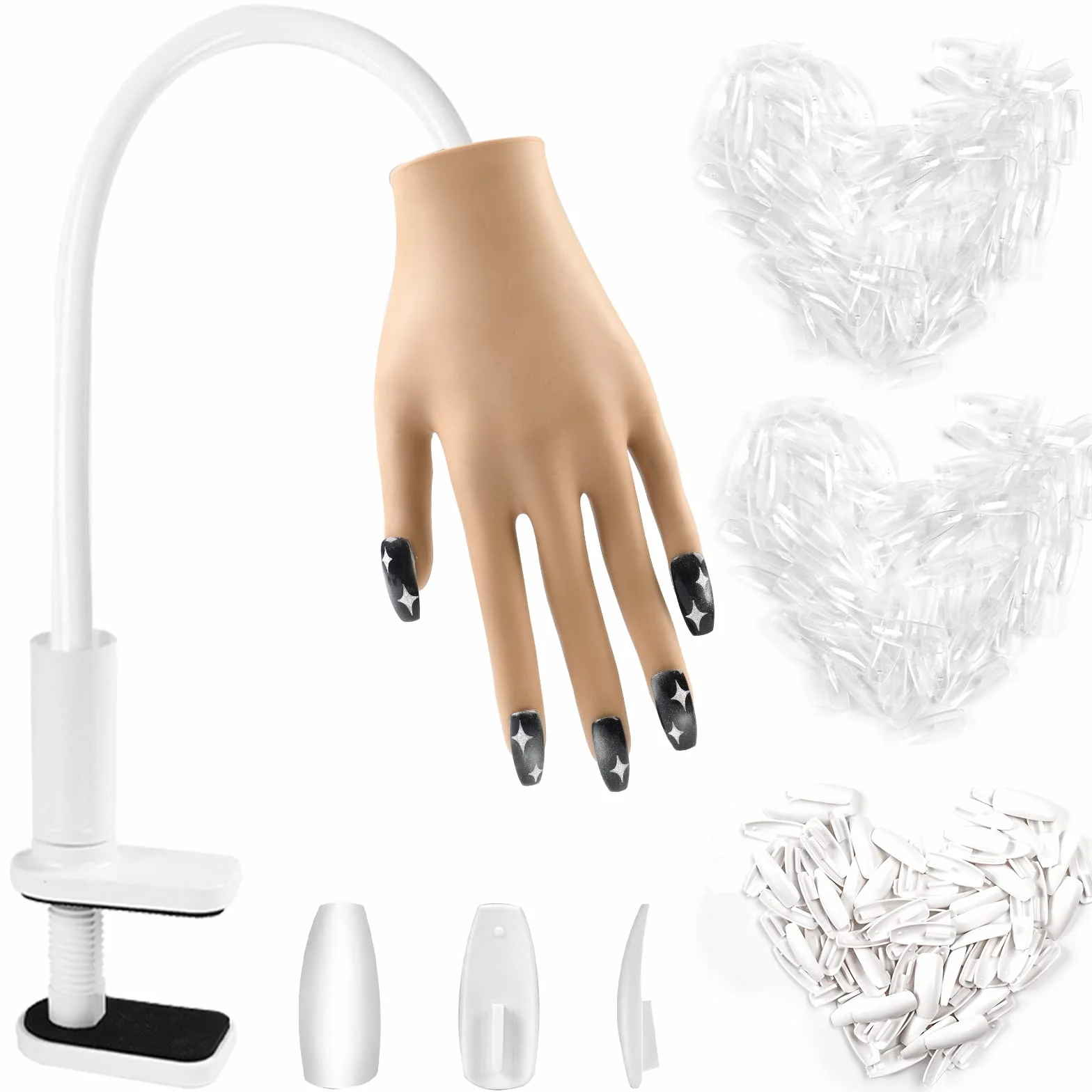 Mano para Practicar Uñas, Mano de Práctica de Uñas con 300 Piezas Uñas Postizas, Mano Silicona Ajustable y Flexible Uñas para Practicar Manicura para DIY Entrenamiento