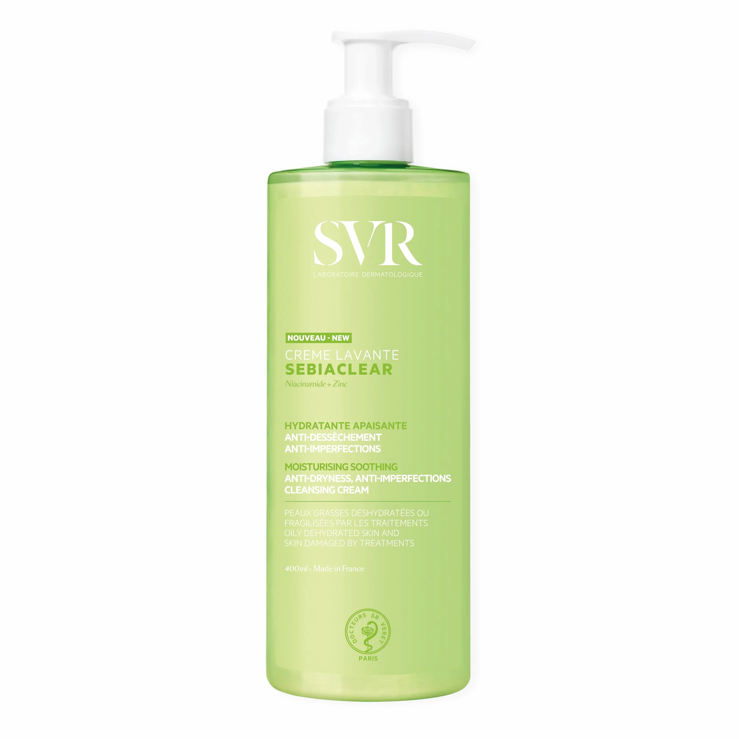 SVR - Sebiaclear Crème Lavante - Gama Sebiaclear – Limpiador hidratante y relajante – Para piel deshidratada y propensa al acné – Niacinamida, Zinc, Glicerina – 400 ml