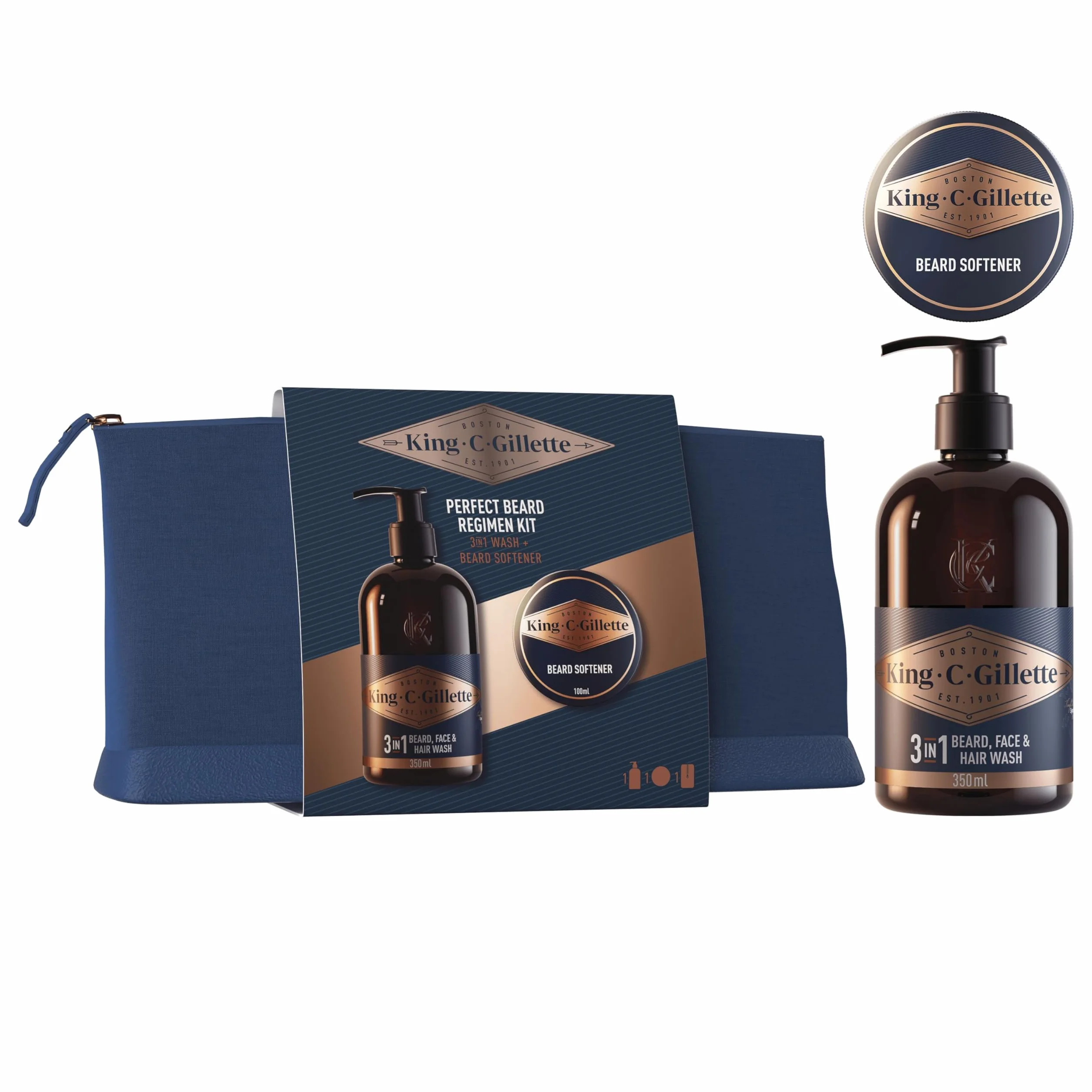 King C. Gillette Kit de barba perfecto para una barba perfumada cada día, con bolsa de viaje, limpiador facial 3 en 1 de 350 ml y bálsamo para barba de 100 ml