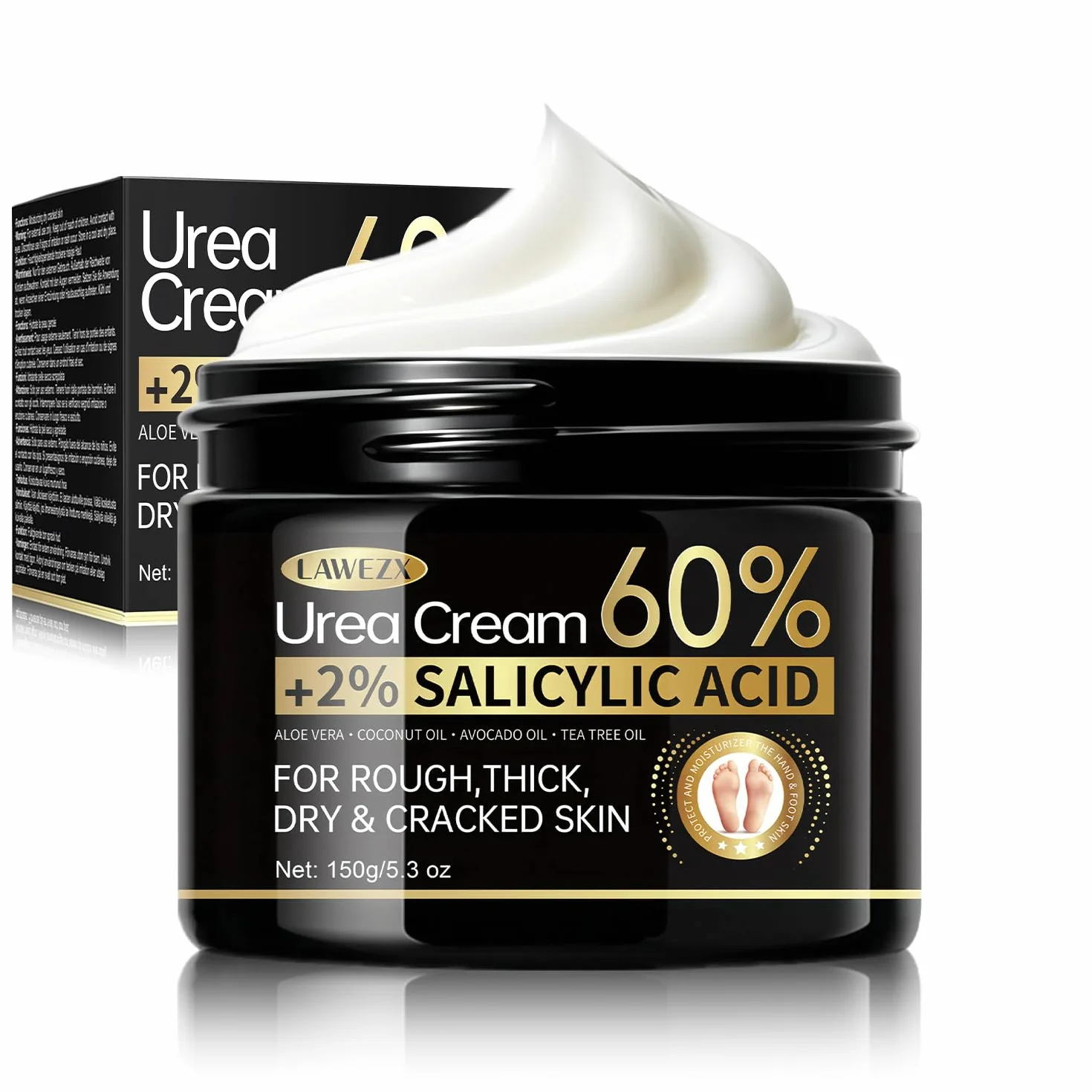 Urea Crema 60% para Pies y Manos, LAWEZX Urea Cream con Ácido Salicílico al 2%, Crema Reparadora para Piel Áspera, Seca, Gruesa y Agrietada, Hidratación Profunda, Eliminador de Callos y Suaviza, 150g