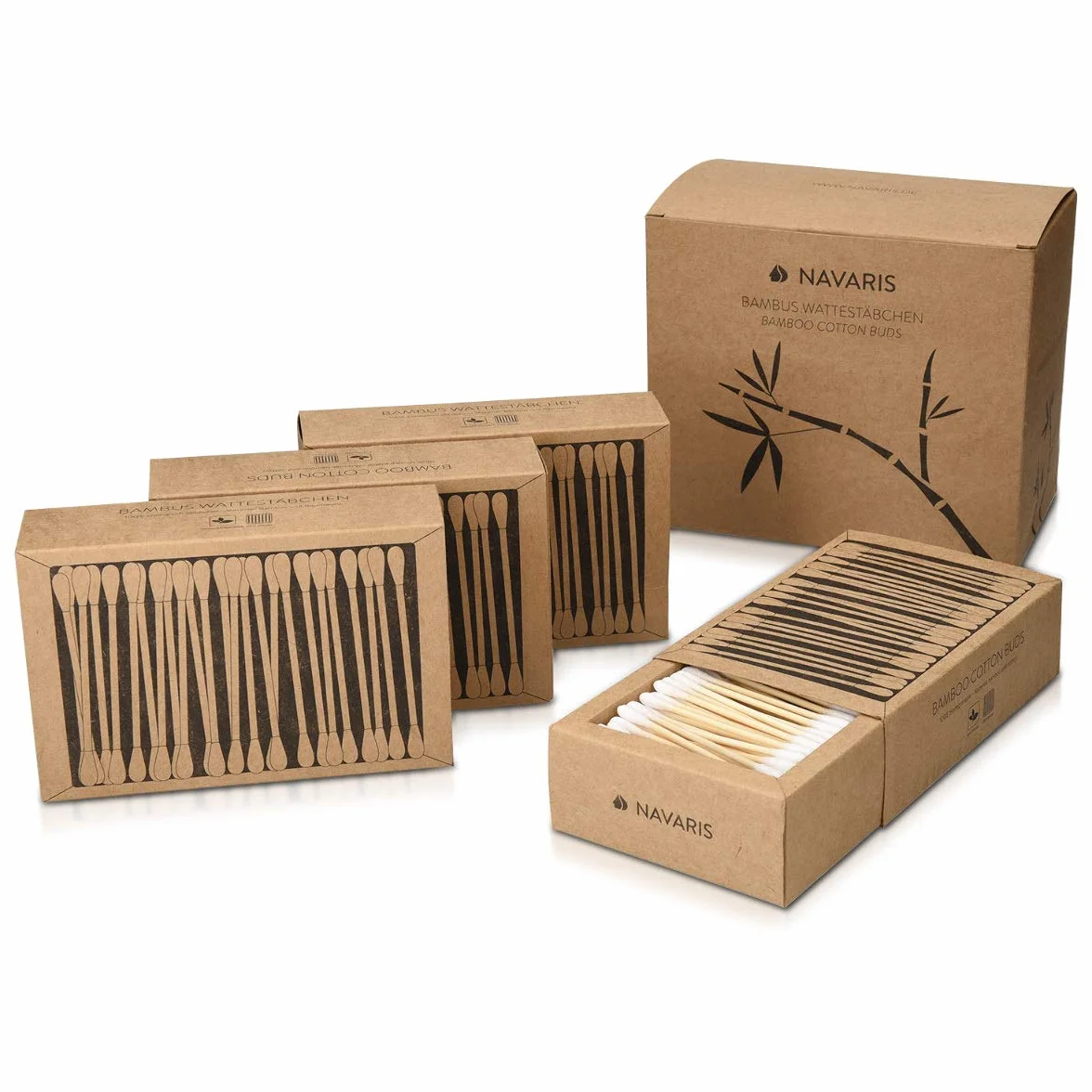 Navaris Bastoncillos para los oídos de bambú y algodón - 800 Palillos de orejas 100% reciclables biodegradables y ecológicos - 4 cajas de 200 uds.