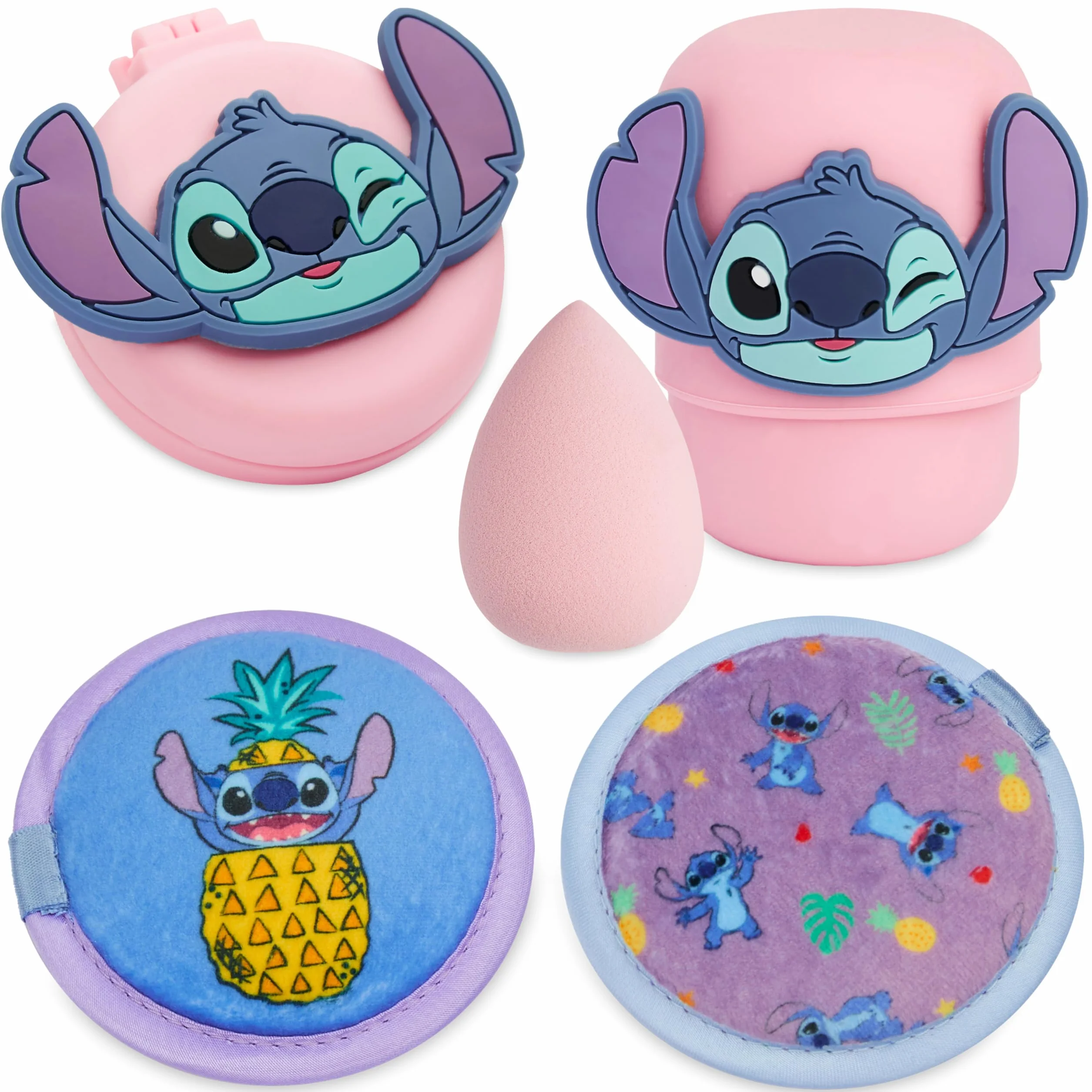 Disney Stitch Set de Accesorios de Belleza con Esponja, Discos Desmaquillantes Reutilizables y Cepillo de Viaje