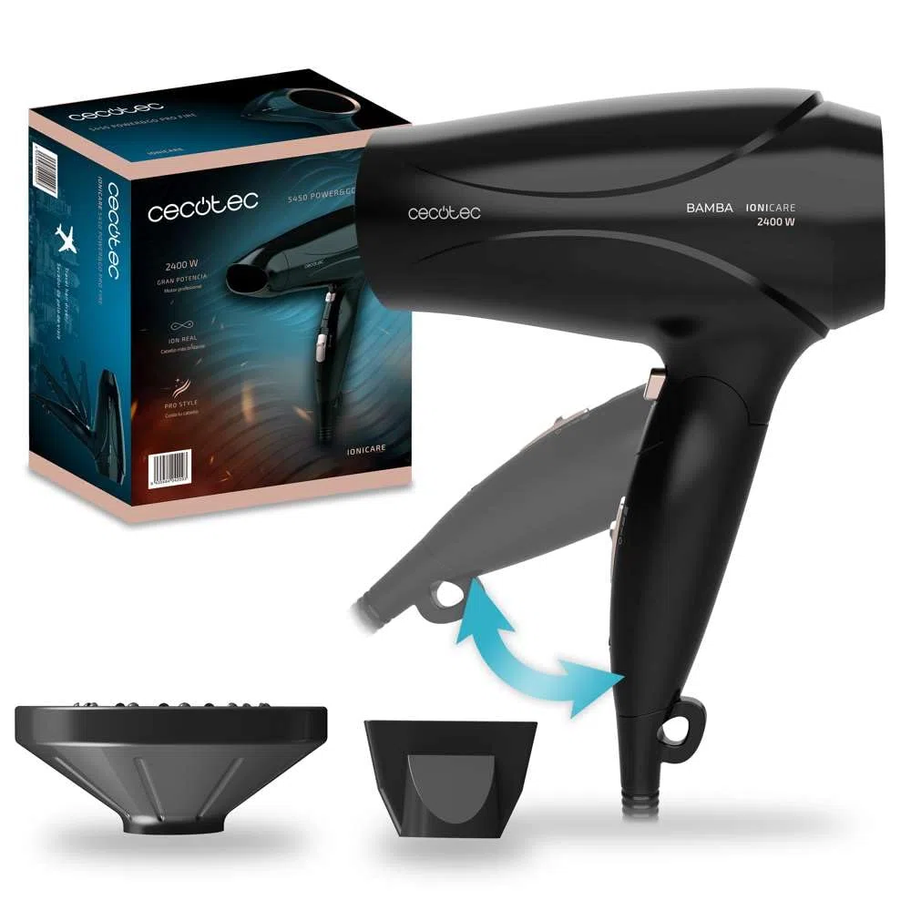 Cecotec Secador de Pelo Ionico Bamba IoniCare 5450 Power&Go Pro Fire. 2400 W de Potencia, Ion real, Gran caudal y Función de aire frío, Incluye Difusor, Negro con detalles en Bronce