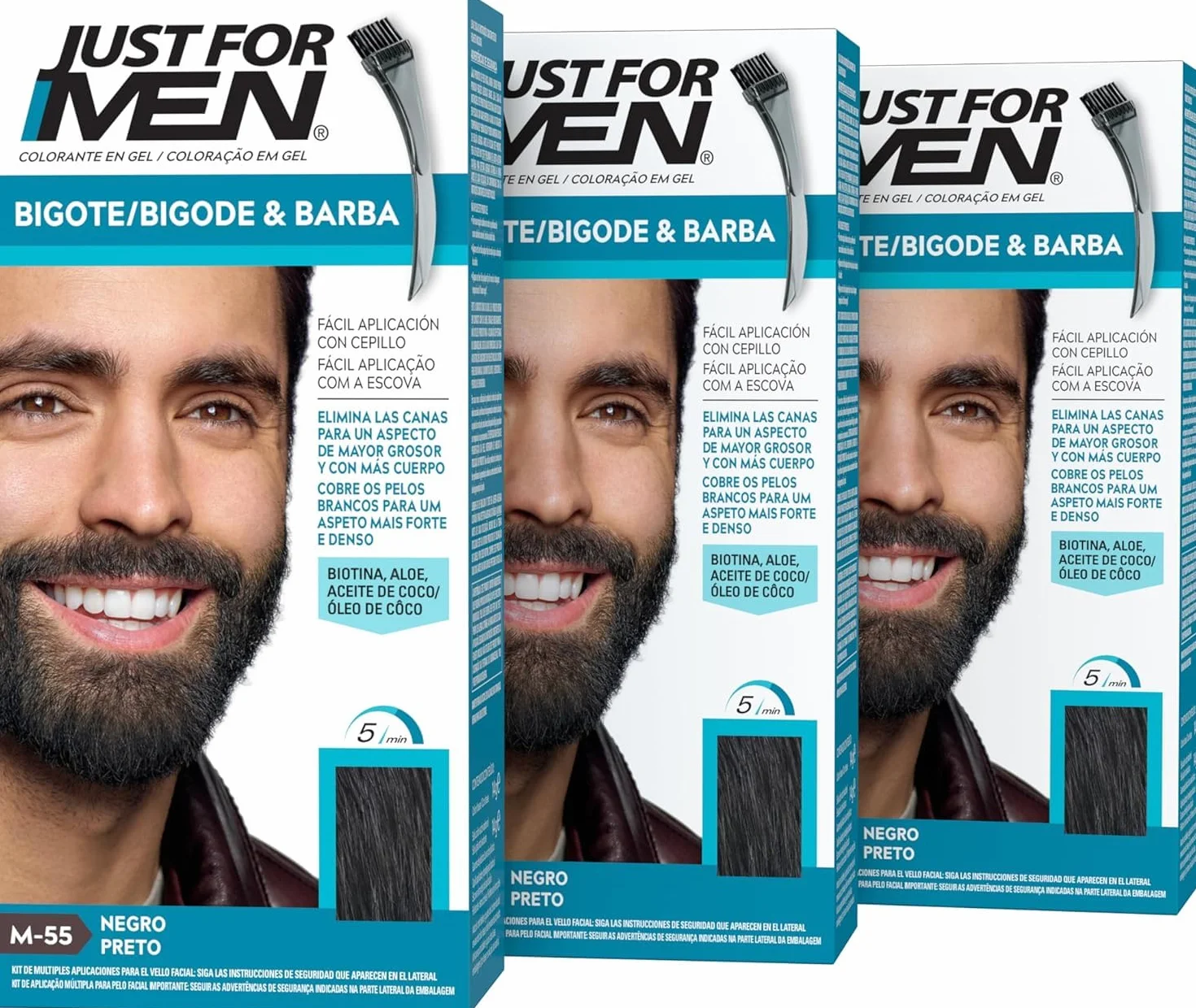 Just For Men Tinte Colorante En Gel Para Barba Y Bigote. Con Aloe y Aceite de Coco, para una Barba Sin Canas y con Aspecto Más Denso en 5 minutos. Tono Negro, M55 (3 Pack)