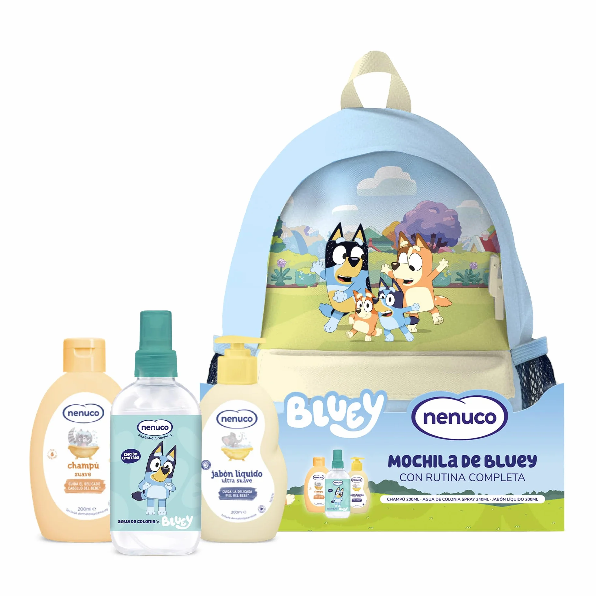 Nenuco Pack Infantil Mochila Bluey – Edición Limitada, con Champú Suave 200 ml, Jabón Líquido 200 ml y Colonia Nenuco 240 ml
