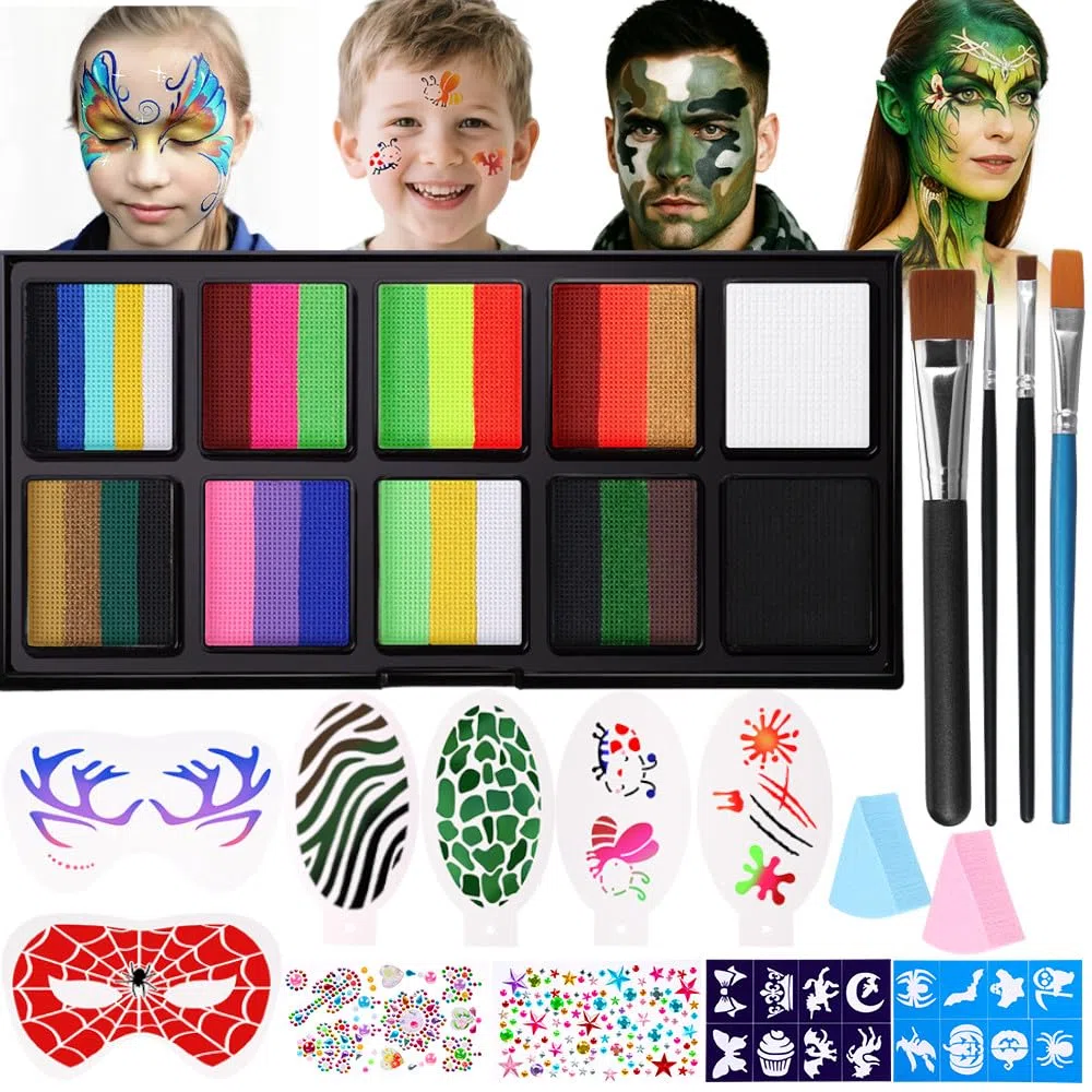 Janolia Pintura Cara Niños, 30 Colores Pintacaras Infantil Hipoalergénico, Maquillaje de Camuflaje , Pintura Corporal y Facial para Halloween Navidad con 4 Pinceles