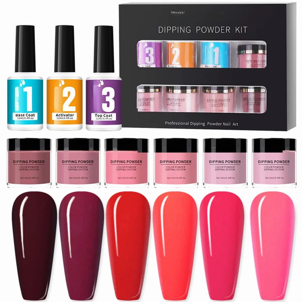 Kit de Polvo para Uñas Inmersión Juego Brillantina Arte con Base Top Coat y Activador No se Necesita Lámpara LED Manicura DIY Extensión Francesas Principiantes