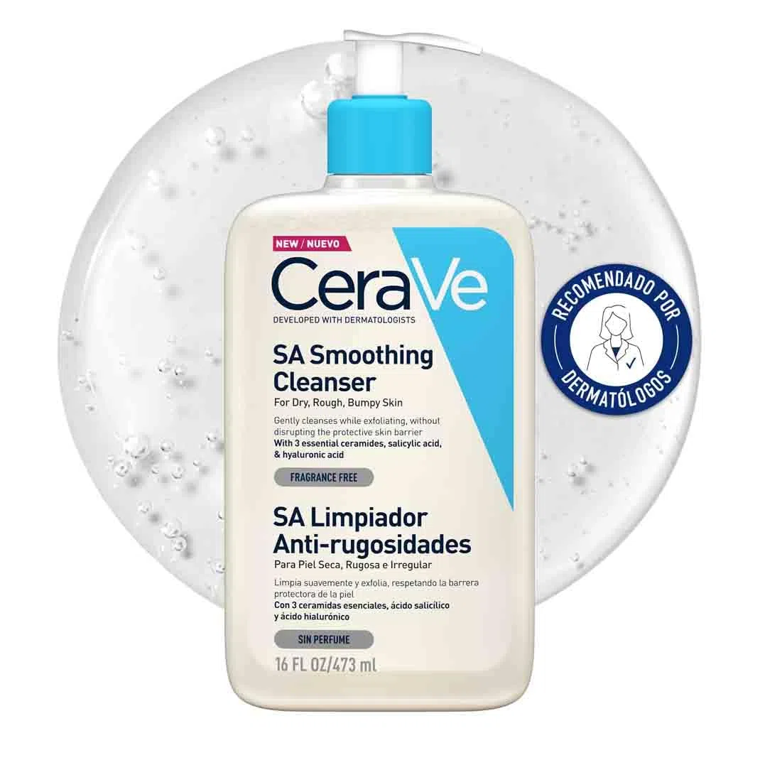 CeraVe, Gel SA Limpiador Espumoso Anti-rugosidades, Para Piel Seca, Rugosa e Irregular, Limpia Suavemente y Exfolia, Enriquecido Con Ceramidas Esenciales, Ácido Salicílico y Ácido Hialurónico, 473ml