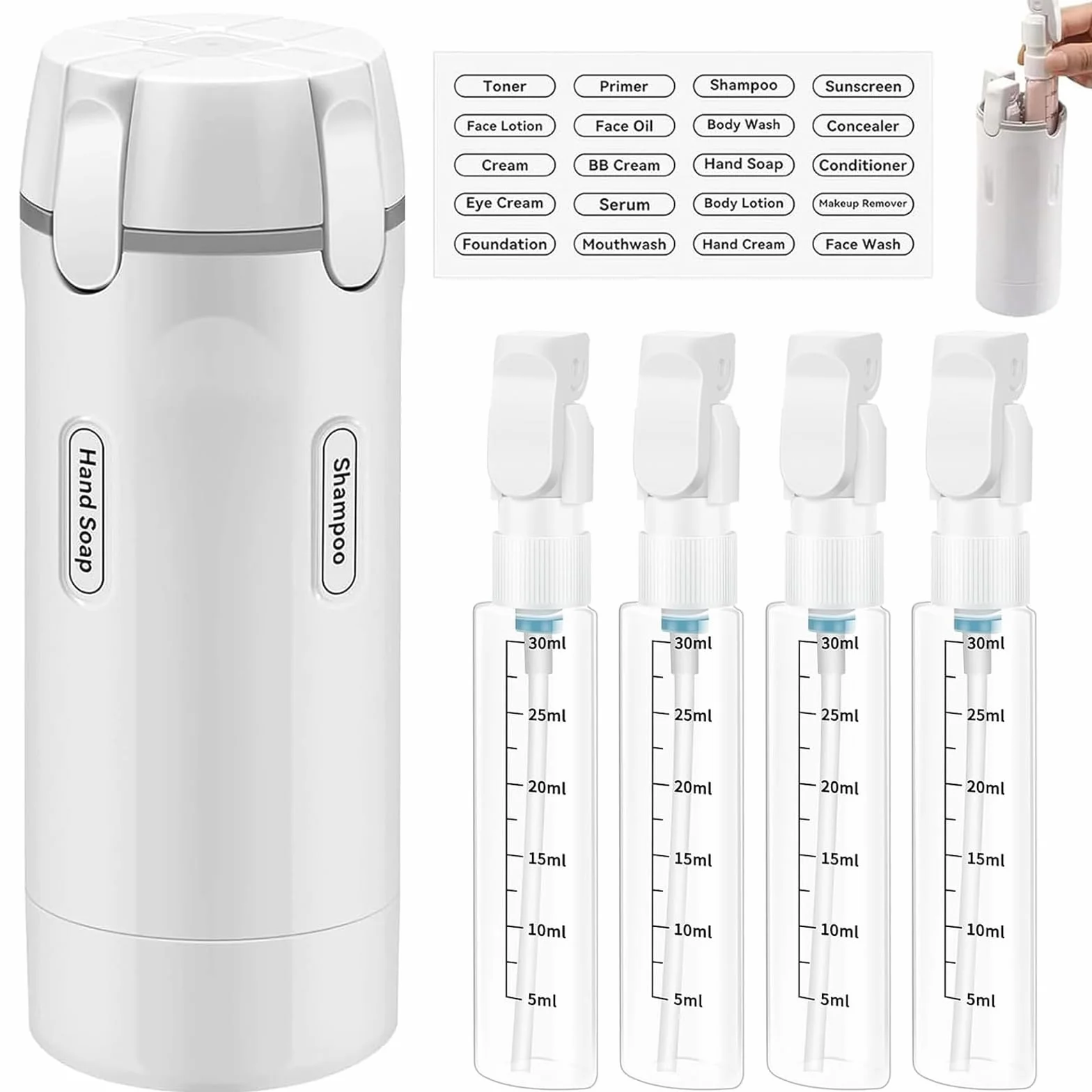 Botella Dispensadora de Viaje 4 en 1, Set de Botellas Dispensadoras de Viaje 4 en 1, Dispensador de Viaje con Etiqueta, Botellas de Viaje para Rellenar, Para Champú, loción, Acondicionador (M1)