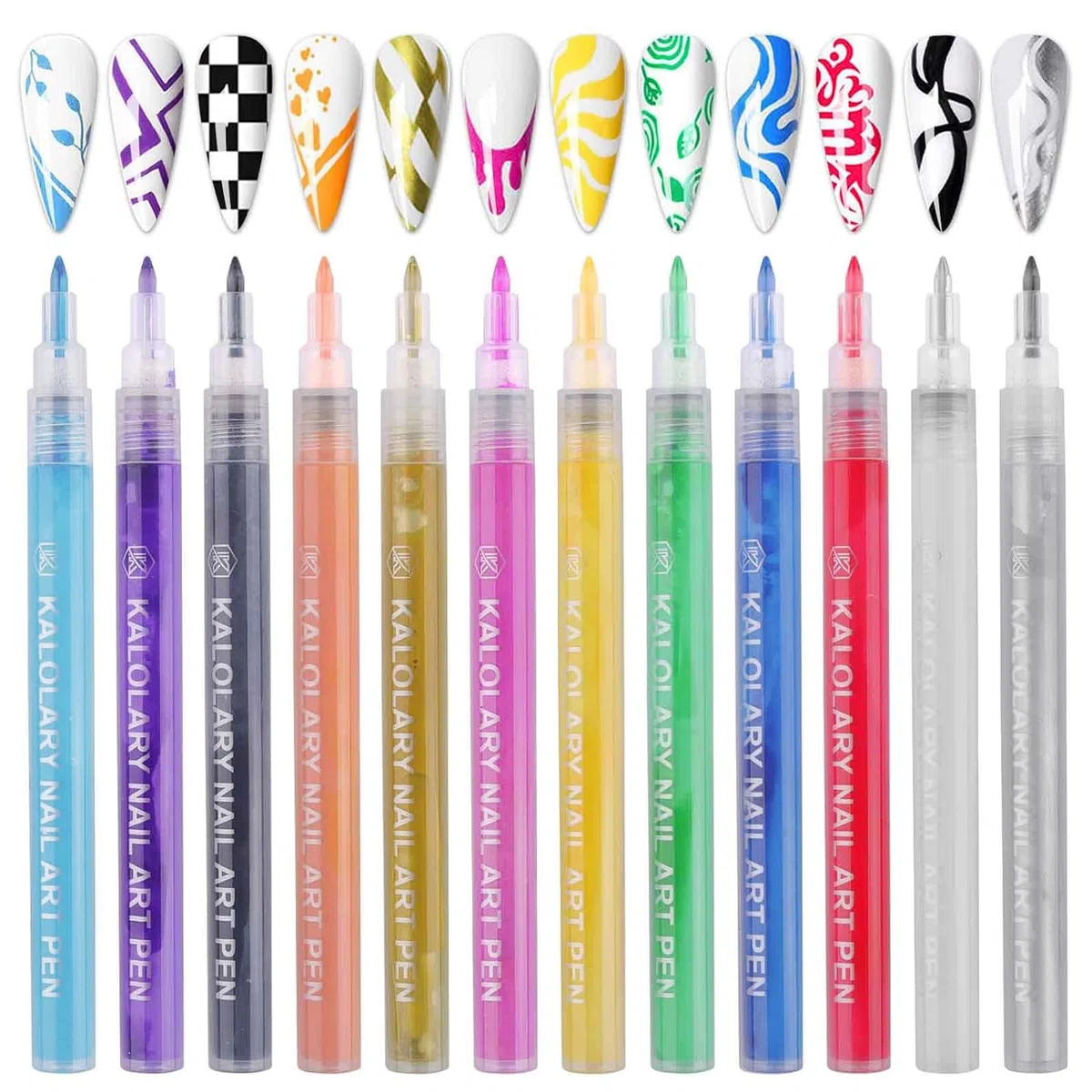 Kalolary 12 Colores Bolígrafos de Arte de Uñas 3D, Nail Point Graffiti Dotting Pen Drawing Paint Liner Brush para DIY Nail Art Beauty Adorn Manicure Tools para Halloween Navidad
