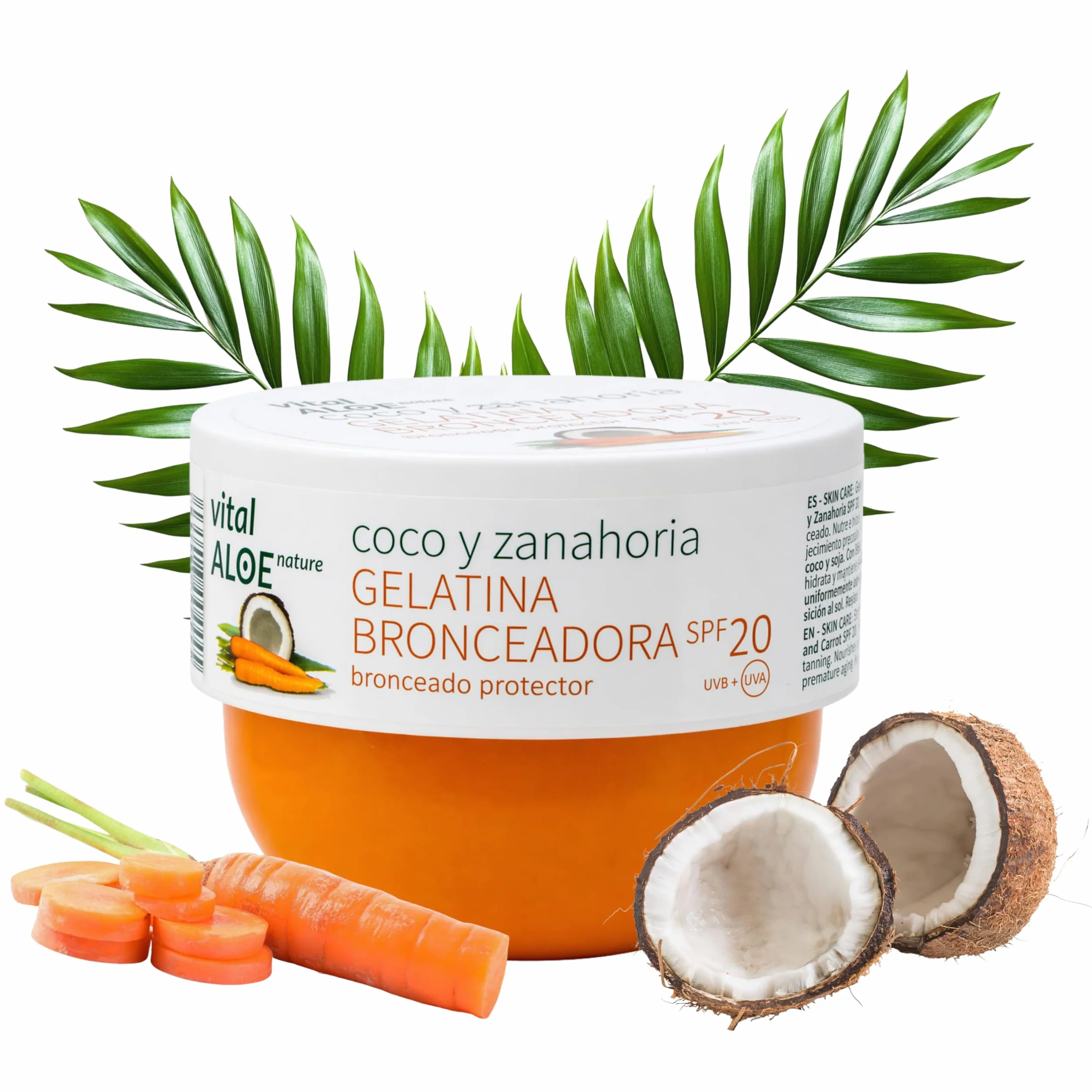 Gelatina Aceleradora del Bronceado de Coco y Zanahoria 200 ml | Bronceador Corporal con SPF 20 | Potenciador del Bronceado Natural, Hidratante y Protector | Con Betacarotenos, Sin Parabenos