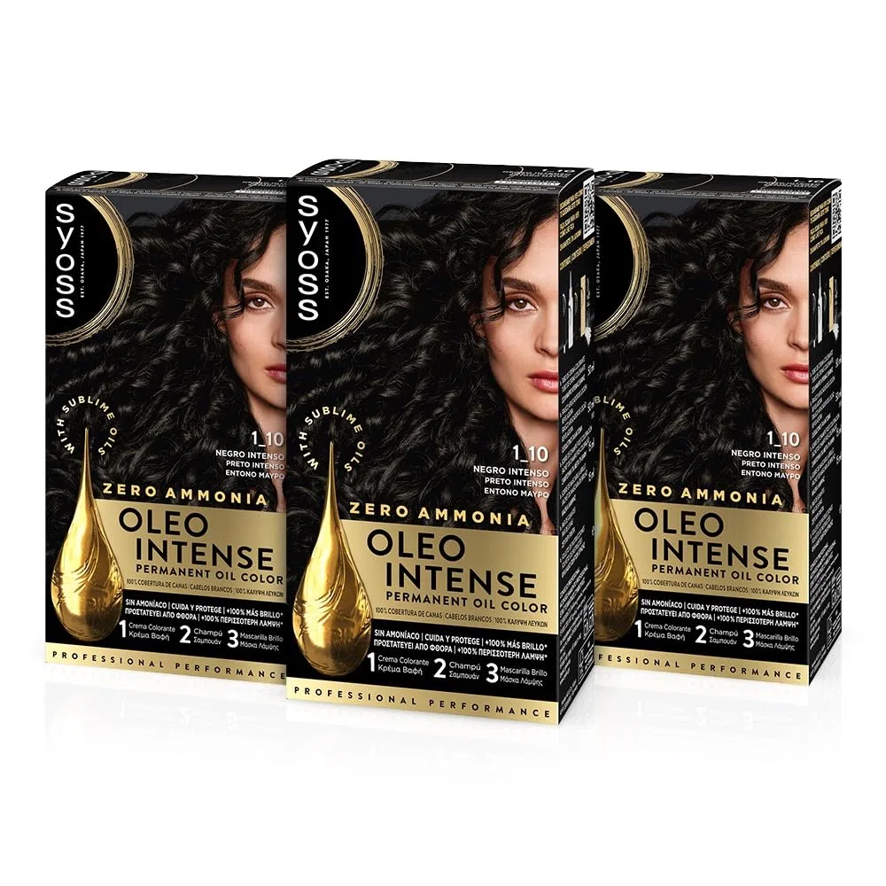 Syoss Oleo Intense - Tinte 1-10 Negro Intenso – Coloración permanente Sin Amoníaco – Cobertura profesional de canas – Resultados de peluquería (Pack De 3)