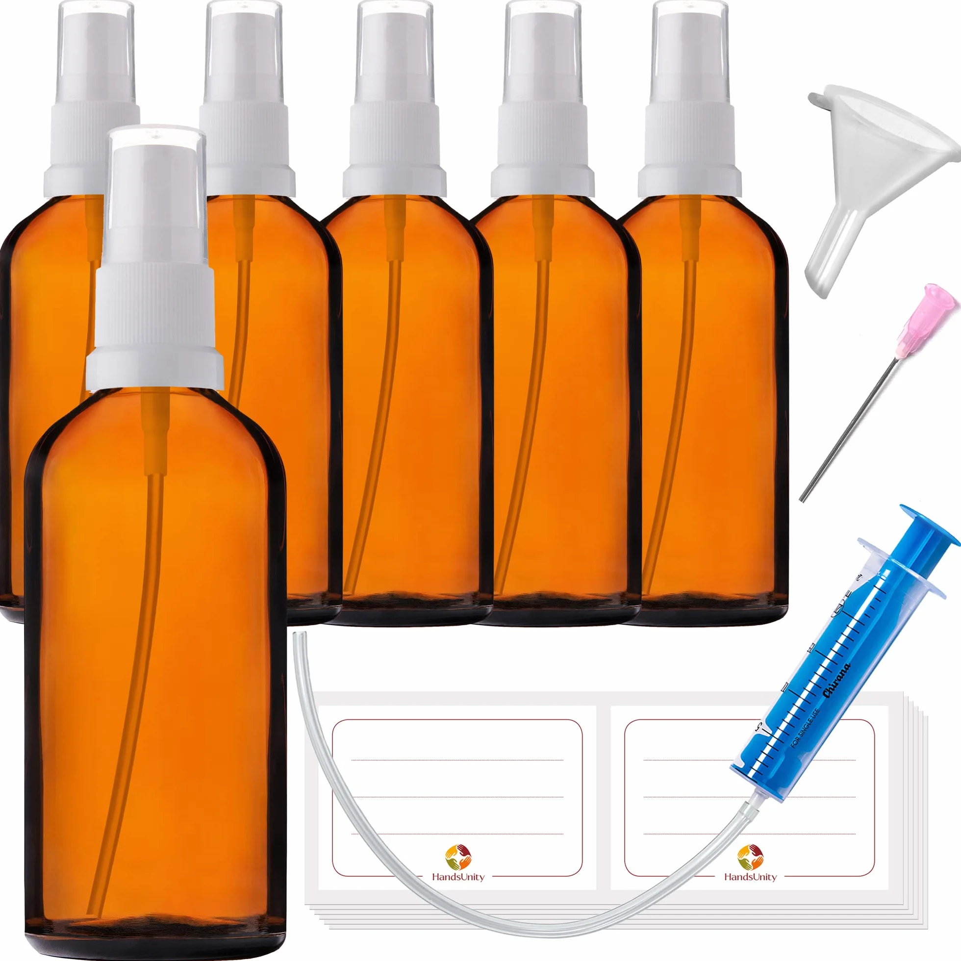 100 ml-6 piezas de frasco pulverizador de vidrio - Frascos de vidrio ámbar de farmacia con botella de spray de vidrio atomizador blanco de vidrio marrón, incluyendo 17 accesorios