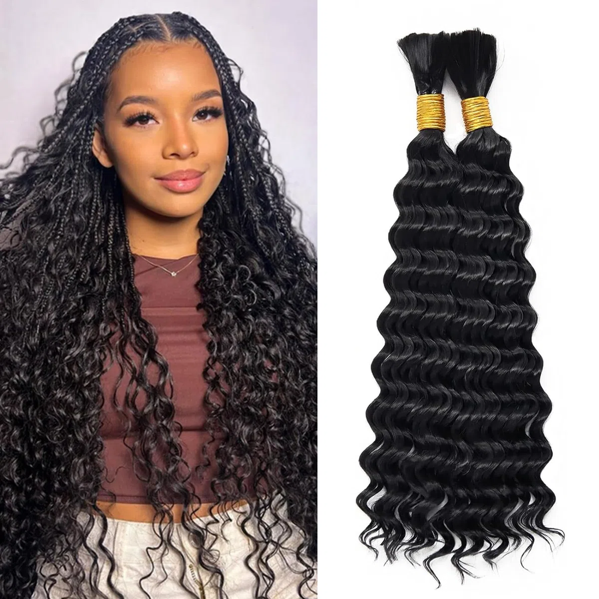 Deep Wave Bulk Hair 24 Inch 6 Bundles Synthetic Braiding Hair Curly Crochet Hair Boho Braids Natural Color for Hair Extensions (1B, 24 Inch（6 Bundles）)