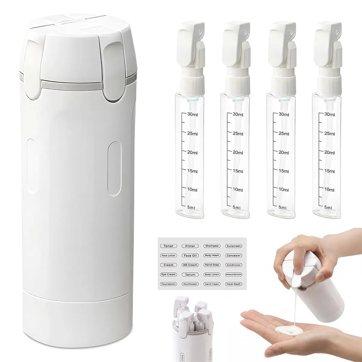 Botes Viaje Reutilizable Y Rellenable 4-in-1 Portátil Dispensador De Avión para Champú A Prueba De Fugas Accesorios De Viaje (Gris)