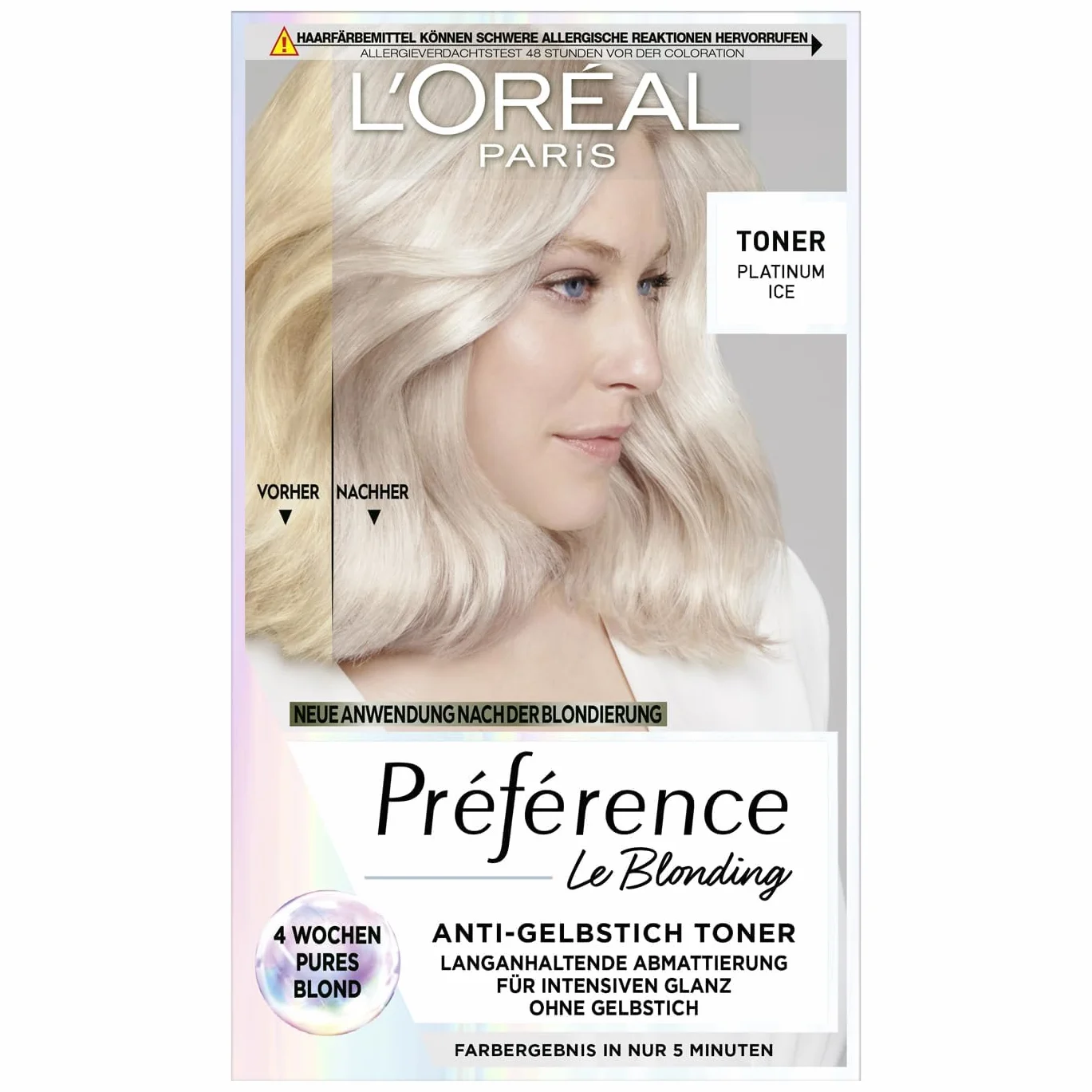 L'Oréal Paris - Tonificador de pelo antiamarillento para rubio fresco y brillo intenso, sin amoniaco, préférence le blonding, Platinum Ice