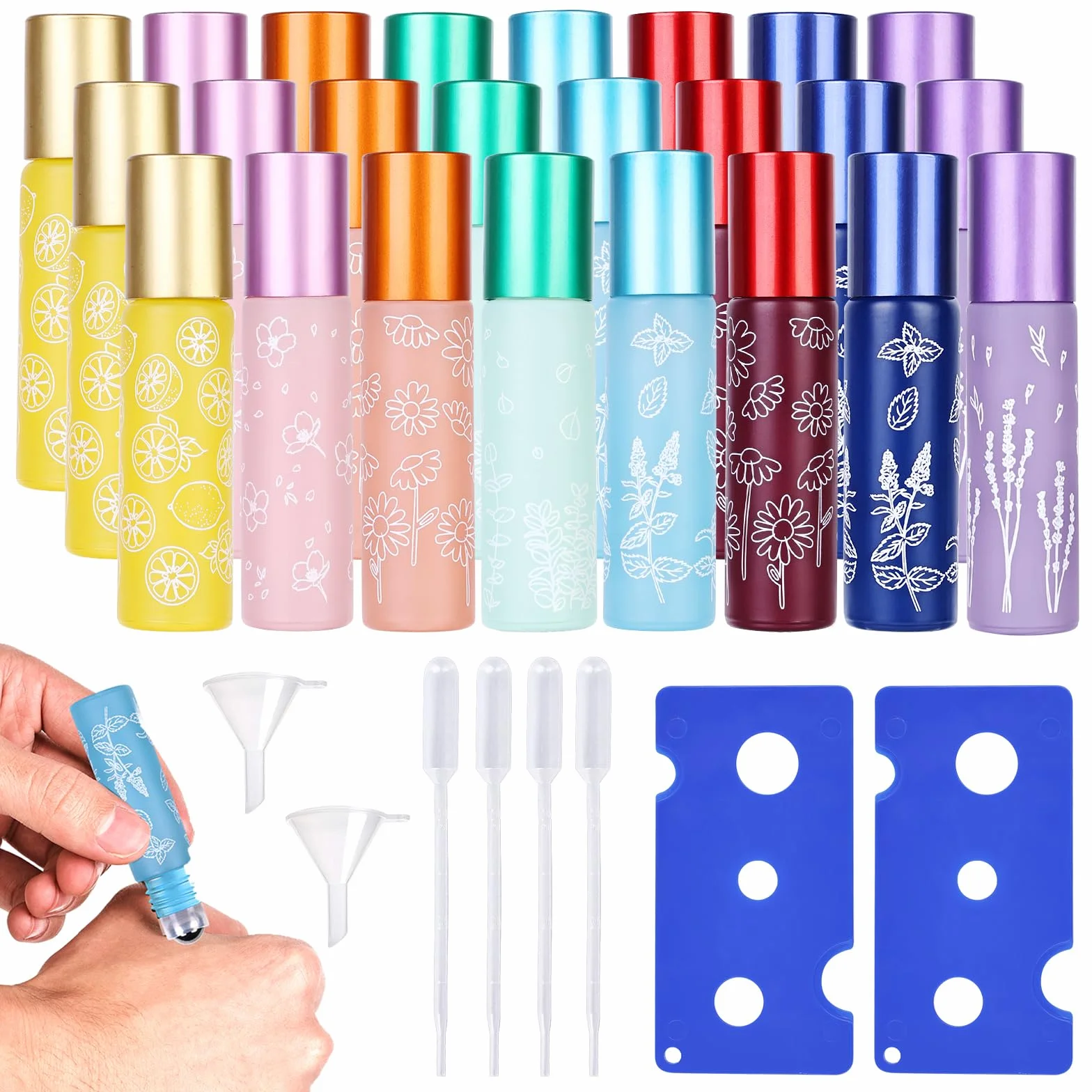 Aceite Esenciales, 24 Piezas 10ml Coloreada Botella Roll-on Cristal, Rellenable