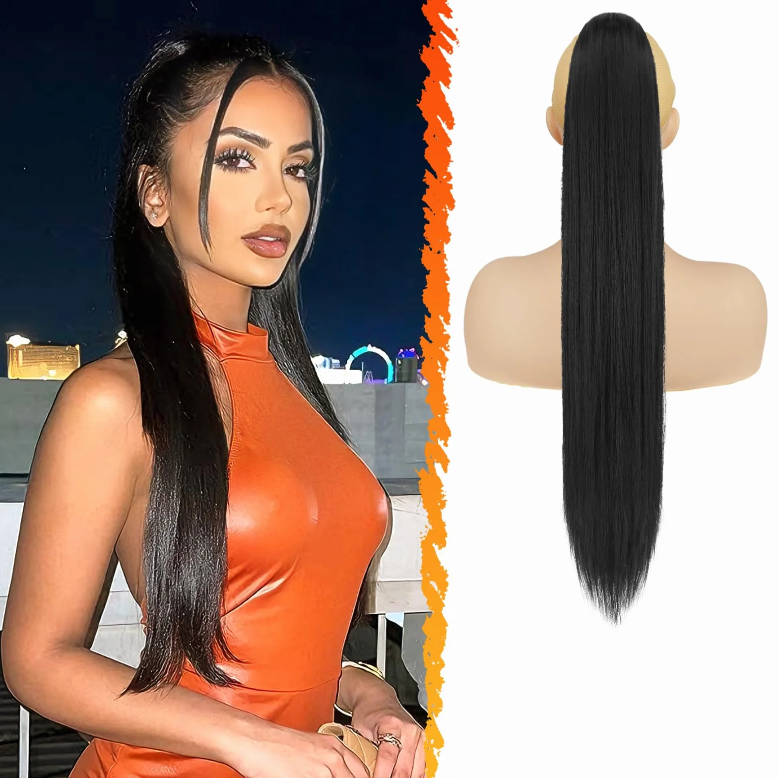 BARSDAR Coleta Postiza Pelo Largo Natural, 66cm Negro Largo Liso Cola de Caballo Extensiones Sintetico Extensiones de Pelo Coleta Clip in Ponytail Postizos para Mujer Fiesta Diaria - Negro azabache