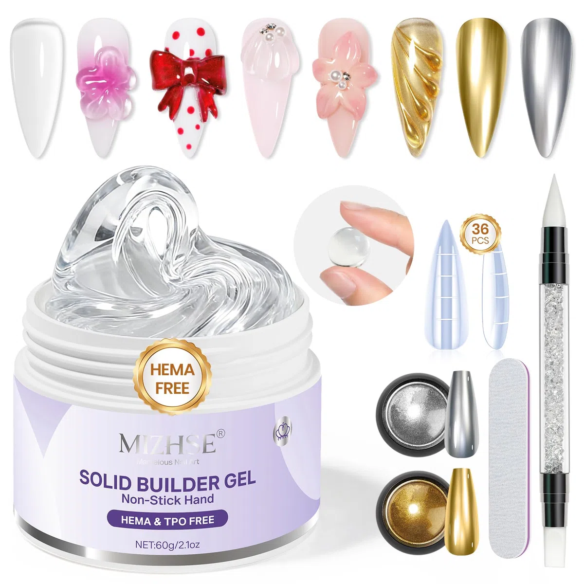 MIZHSE Gel Constructor 3D para Uñas Gel Libre de HEMA/TPO para Uñas Escultura, Extensión y Modelado, Textura Sólida, Transparente, 60g